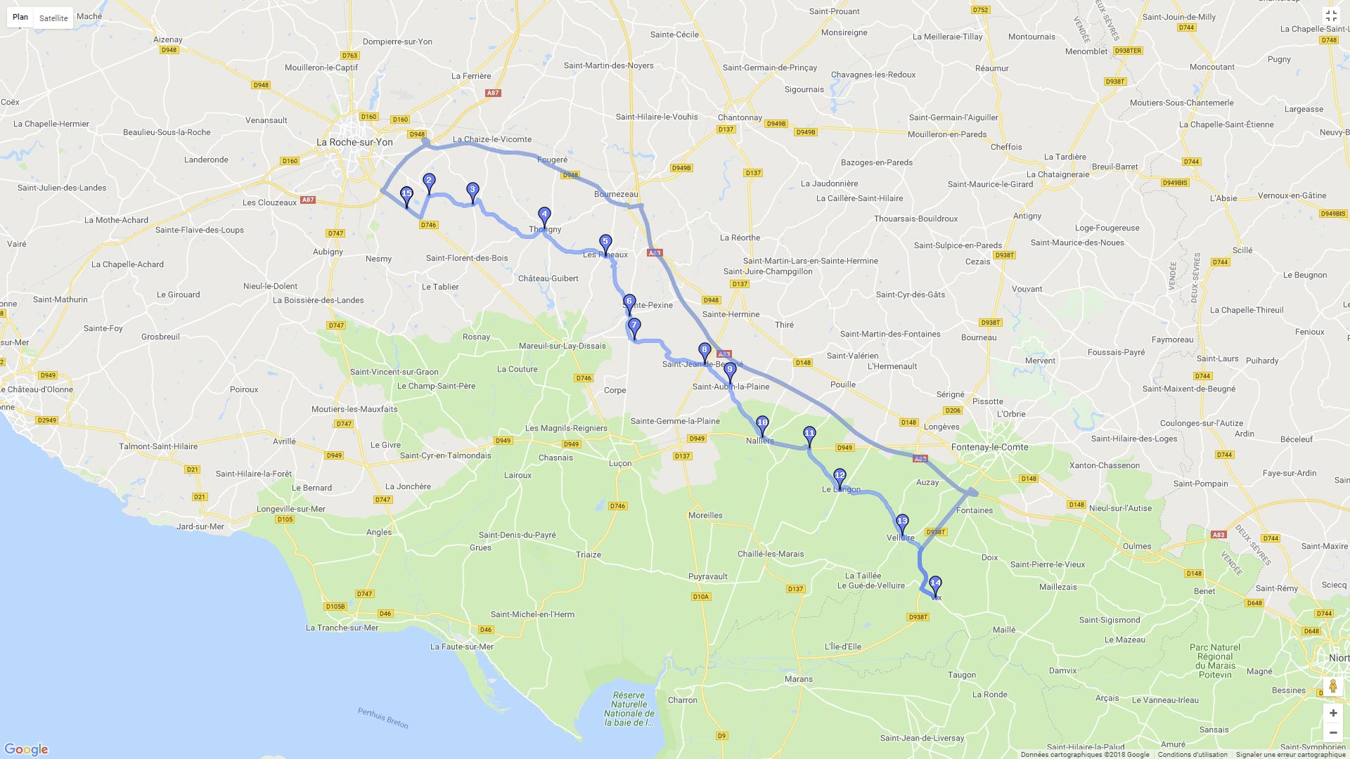 Pour zoomer sur la carte et avoir plus de détails, connectez-vous ! Carte roadbook Roche sur Yon version courbes à volonté