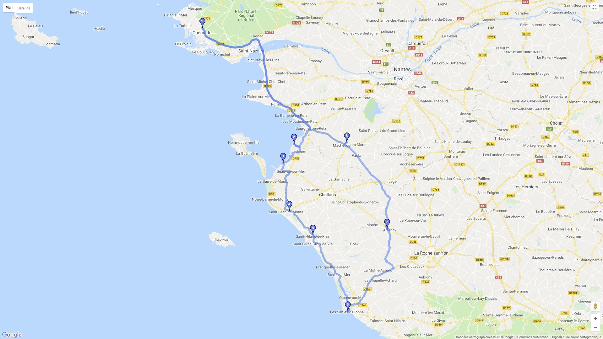 Pour zoomer sur la carte et avoir plus de détails, connectez-vous ! Carte roadbook Guérande - Les Sables d'Olonne