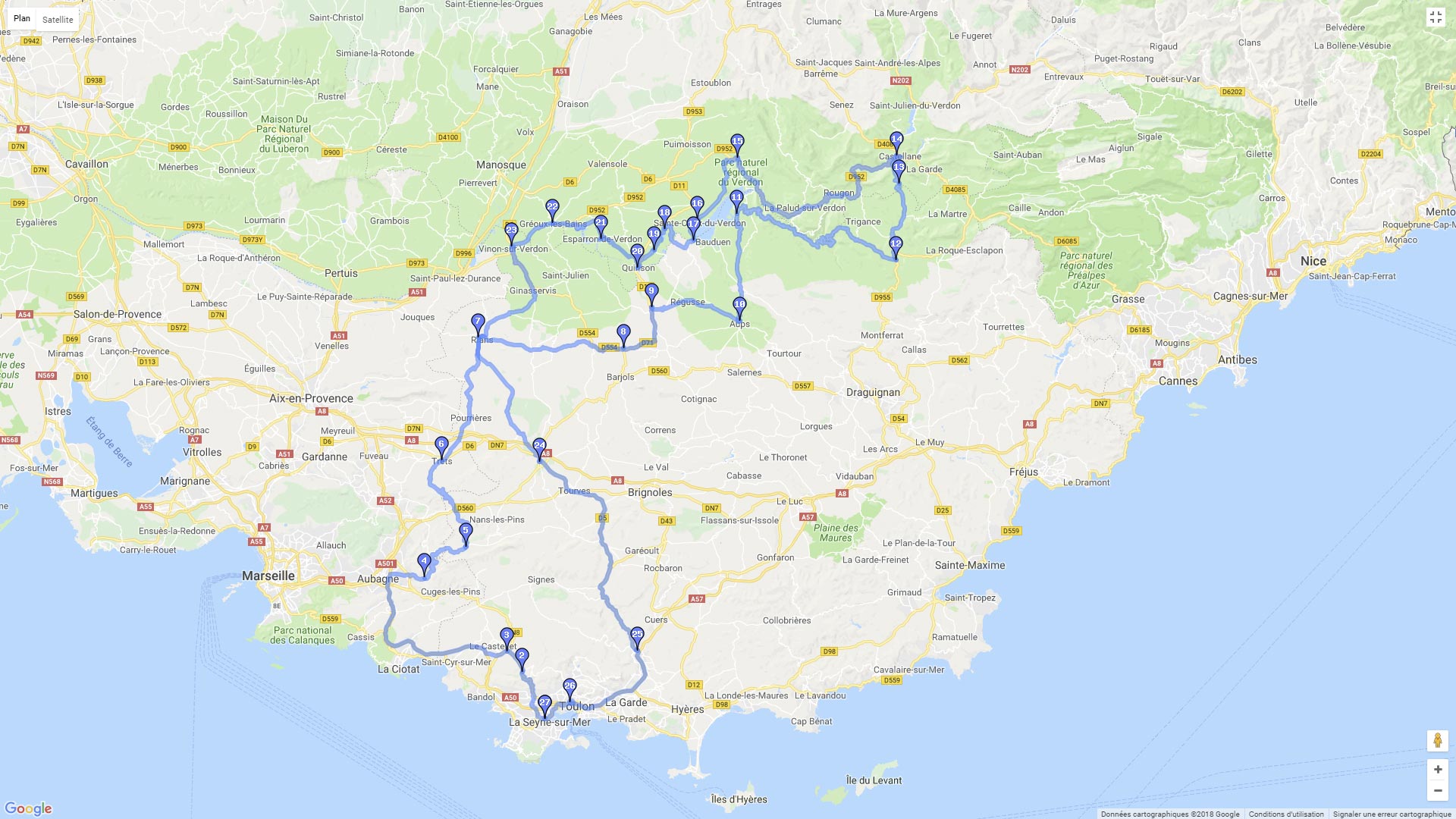 Pour zoomer sur la carte et avoir plus de détails, connectez-vous ! Carte roadbook De Toulon au Verdon