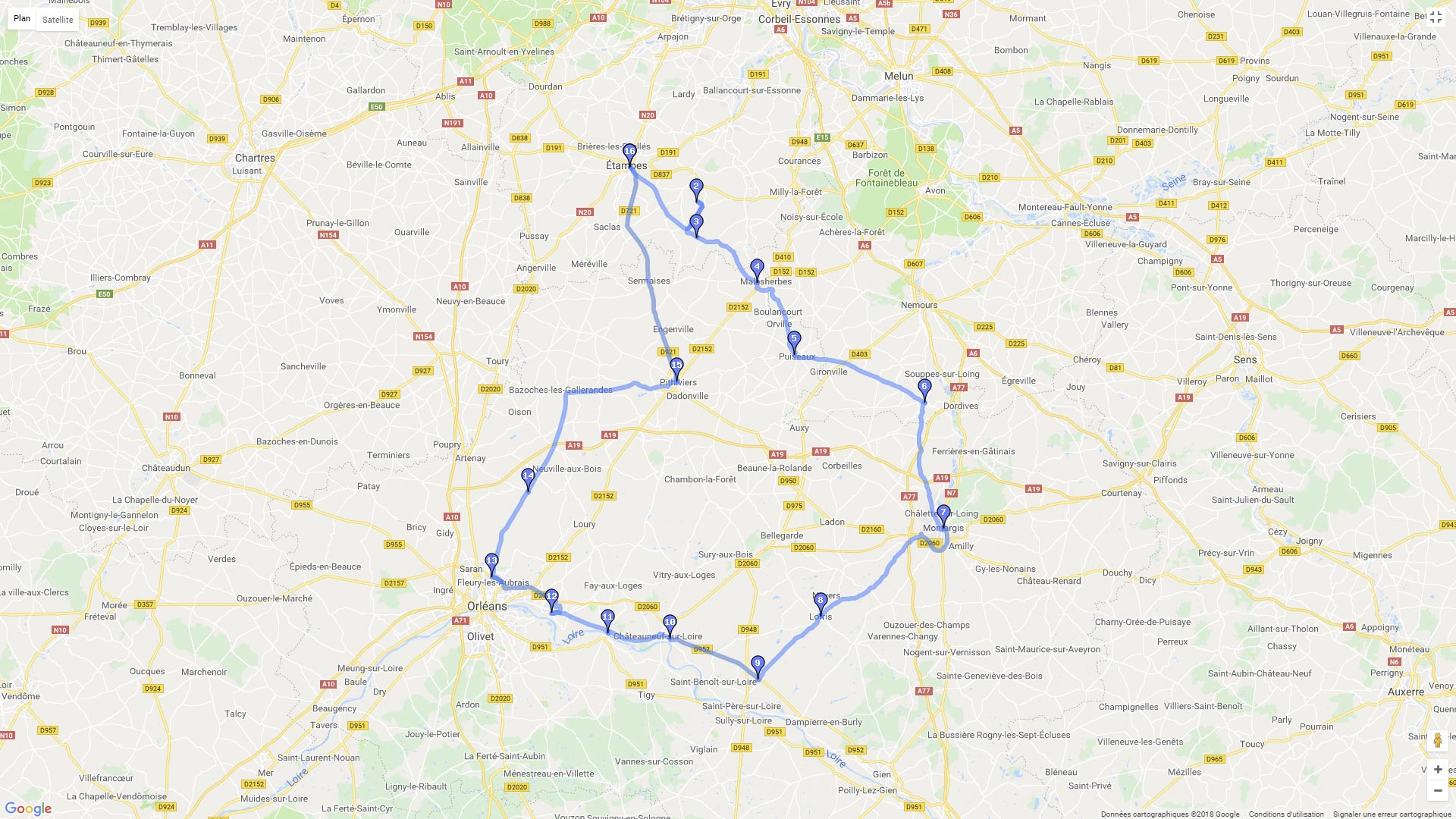 Pour zoomer sur la carte et avoir plus de détails, connectez-vous ! Carte roadbook Autour de la forêt domaniale d'Orléans