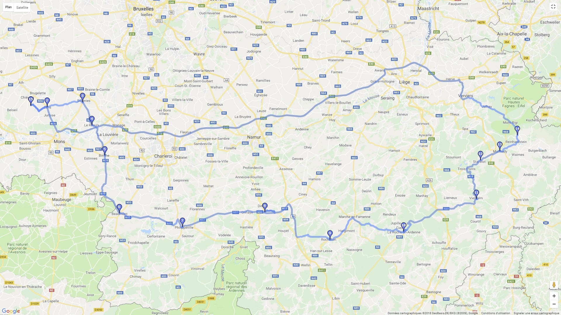 Pour zoomer sur la carte et avoir plus de détails, connectez-vous ! Carte roadbook Les Ardennes belges