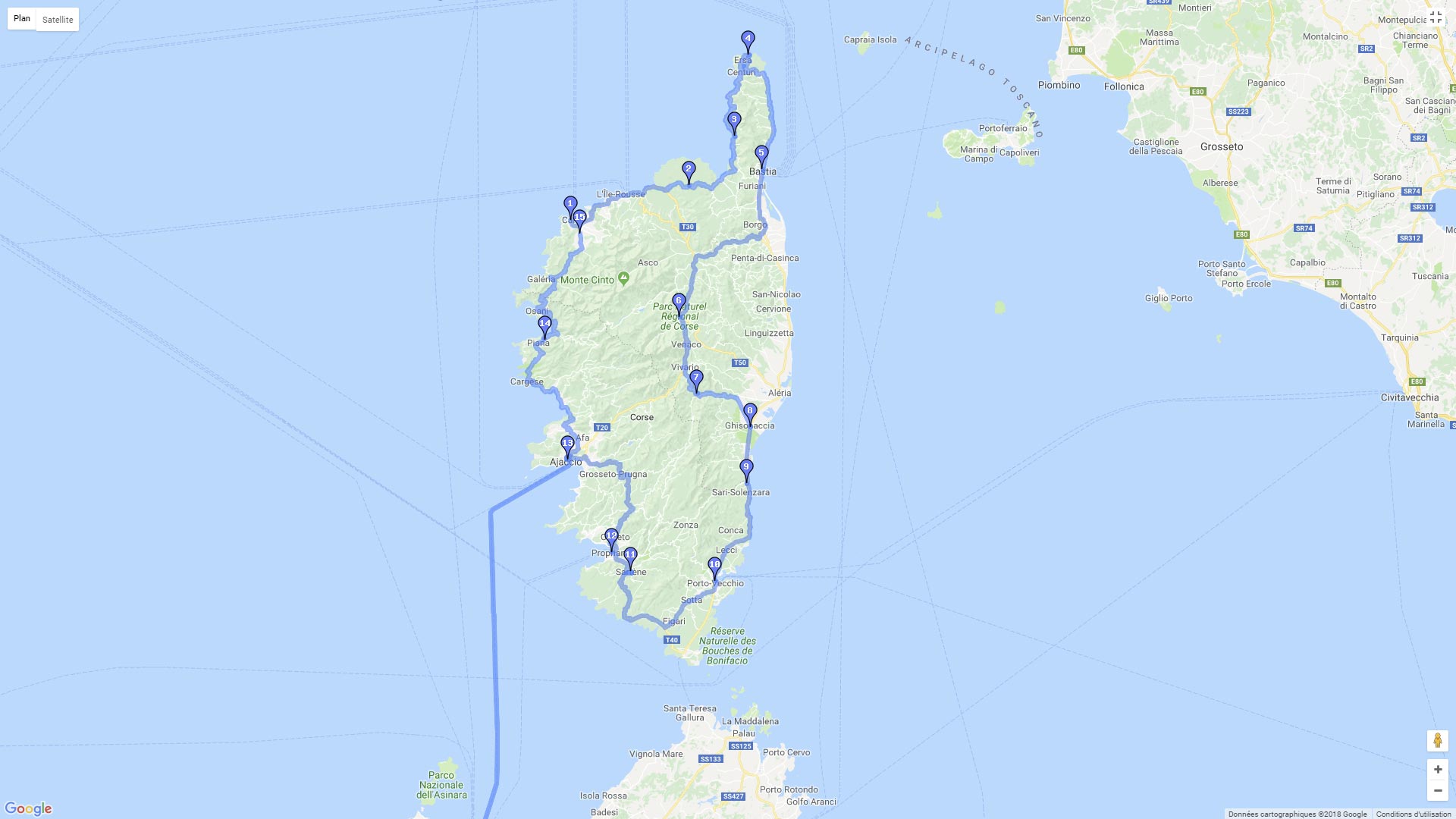 Pour zoomer sur la carte et avoir plus de détails, connectez-vous ! Carte roadbook Tour de Corse