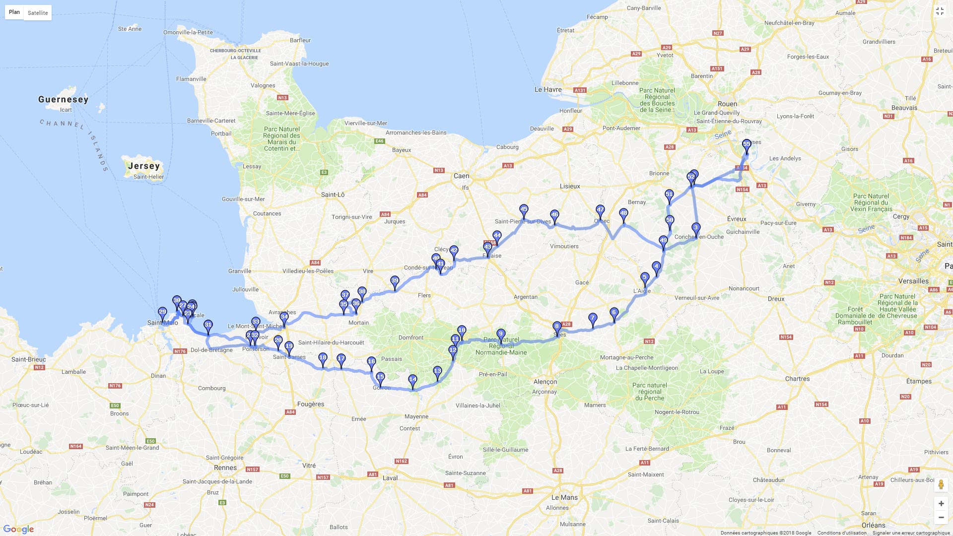 Pour zoomer sur la carte et avoir plus de détails, connectez-vous ! Carte roadbook Normandie-Bretagne