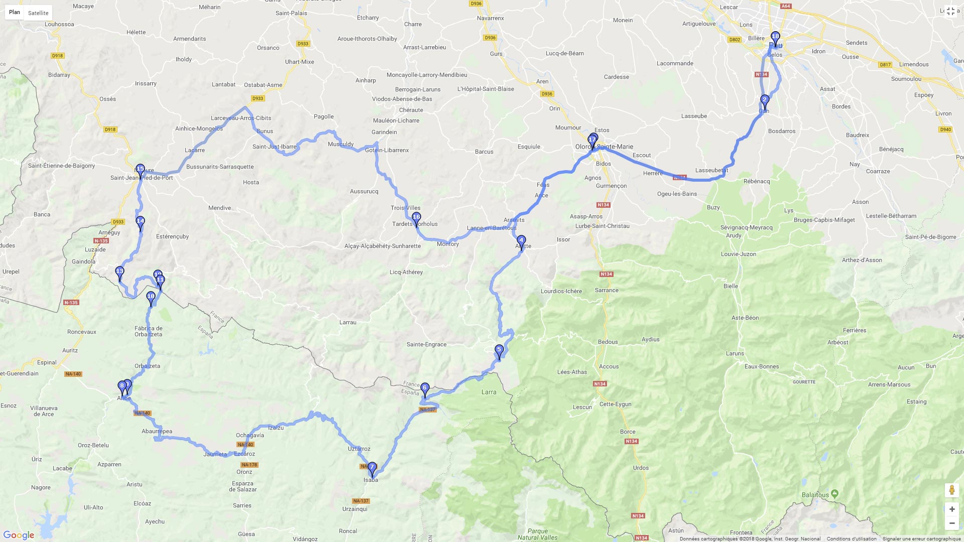 Pour zoomer sur la carte et avoir plus de détails, connectez-vous ! Carte roadbook Béarn, Espagne et Pays Basque
