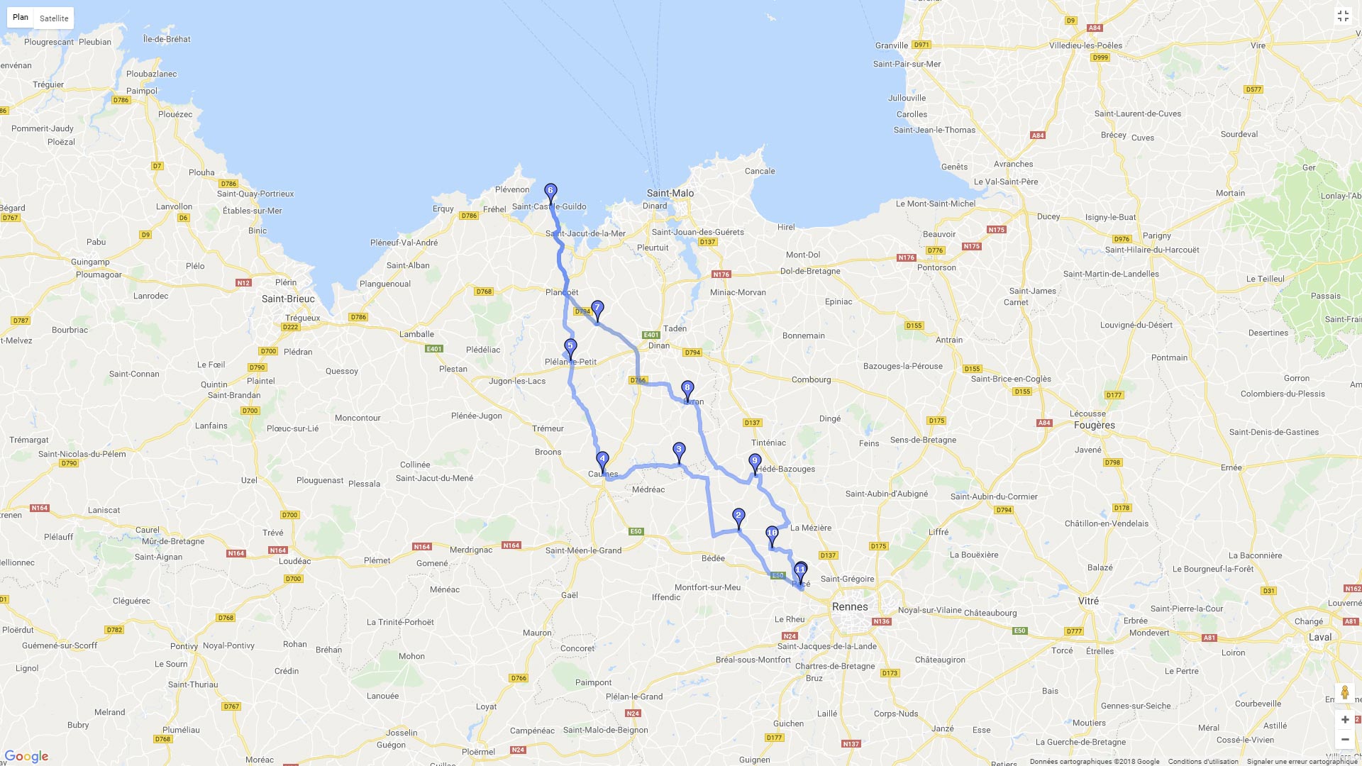 Pour zoomer sur la carte et avoir plus de détails, connectez-vous ! Carte roadbook Rennes - St Cast le Guildo
