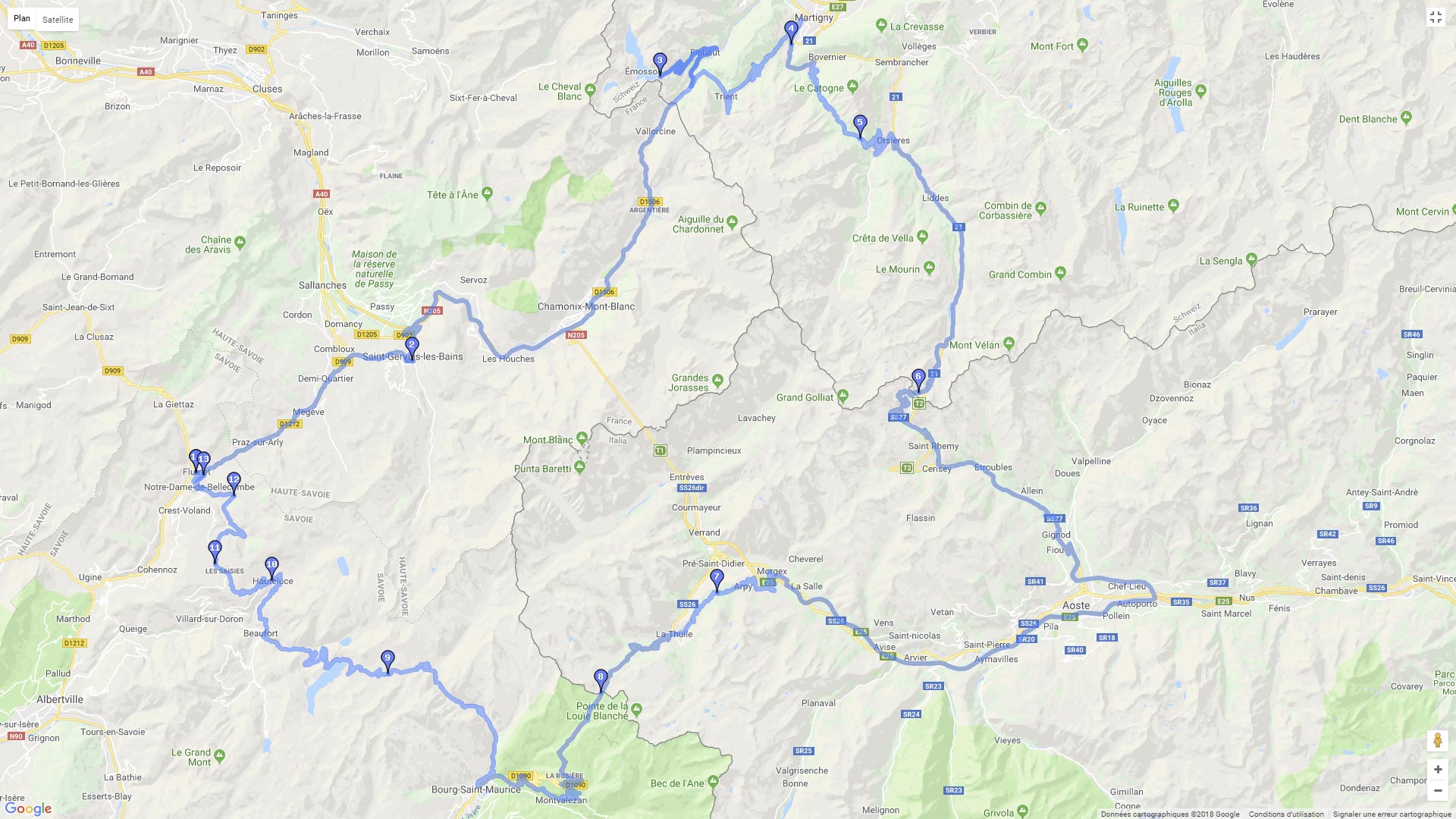 Pour zoomer sur la carte et avoir plus de détails, connectez-vous ! Carte roadbook Le tour du Mont-Blanc Reloaded