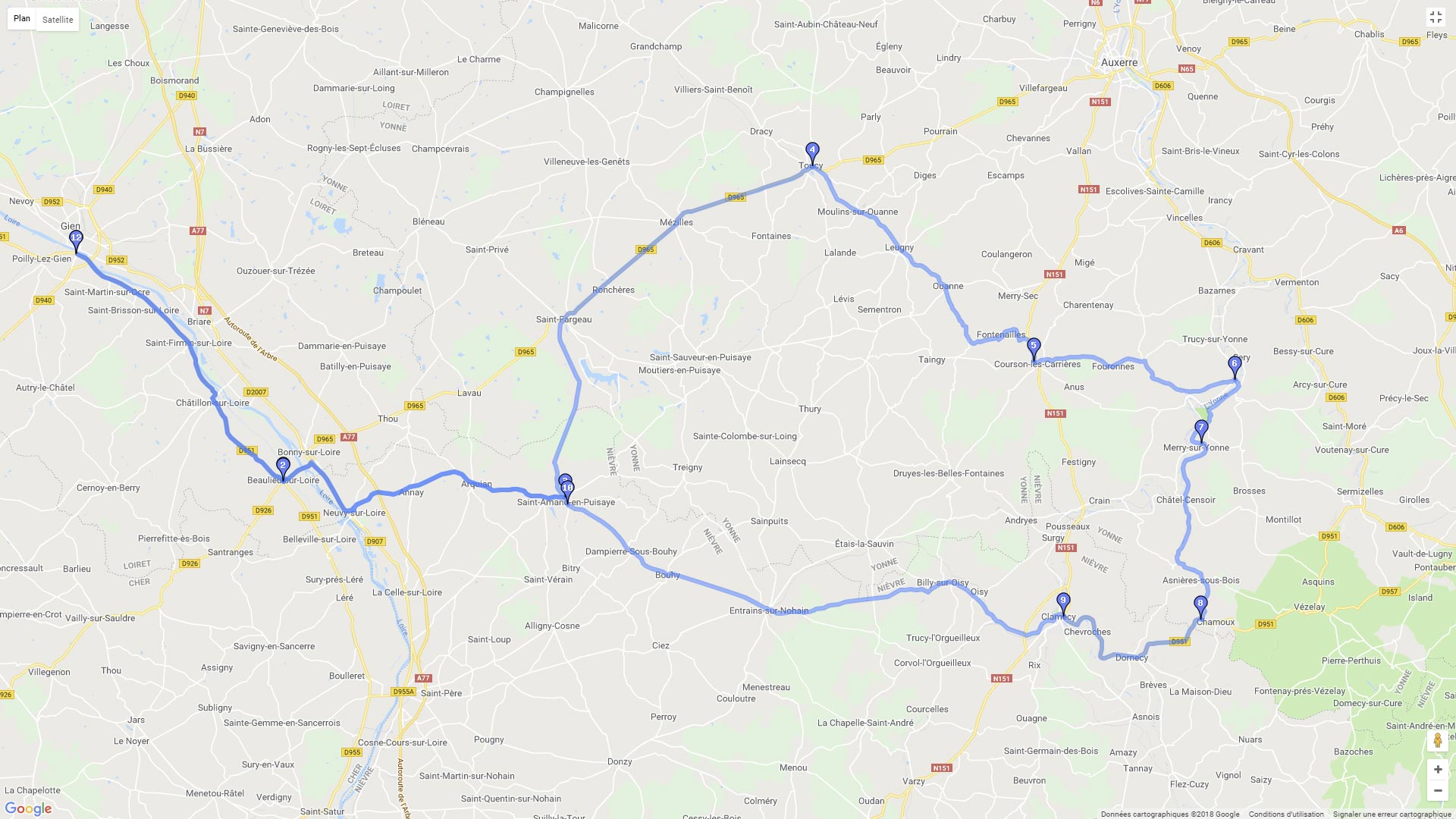 Pour zoomer sur la carte et avoir plus de détails, connectez-vous ! Carte roadbook De Gien aux portes du Morvan