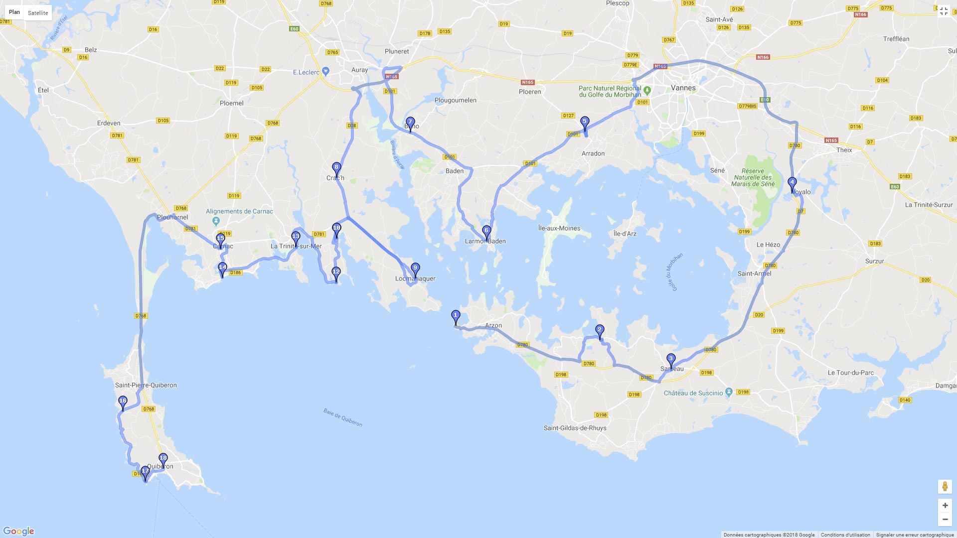 Pour zoomer sur la carte et avoir plus de détails, connectez-vous ! Carte roadbook Golfe du Morbihan