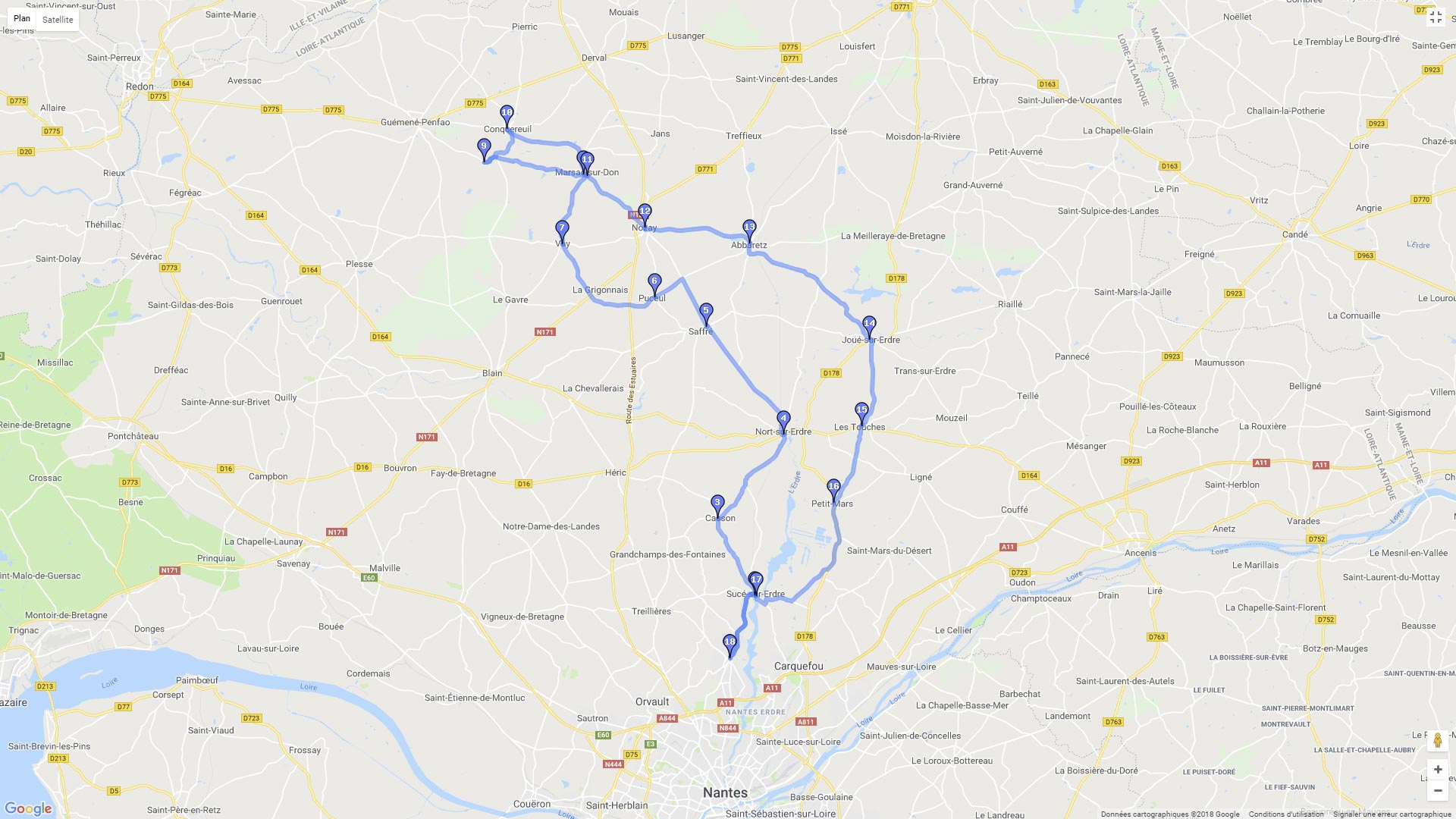 Pour zoomer sur la carte et avoir plus de détails, connectez-vous ! Carte roadbook Nord de Nantes et Vallée du Don