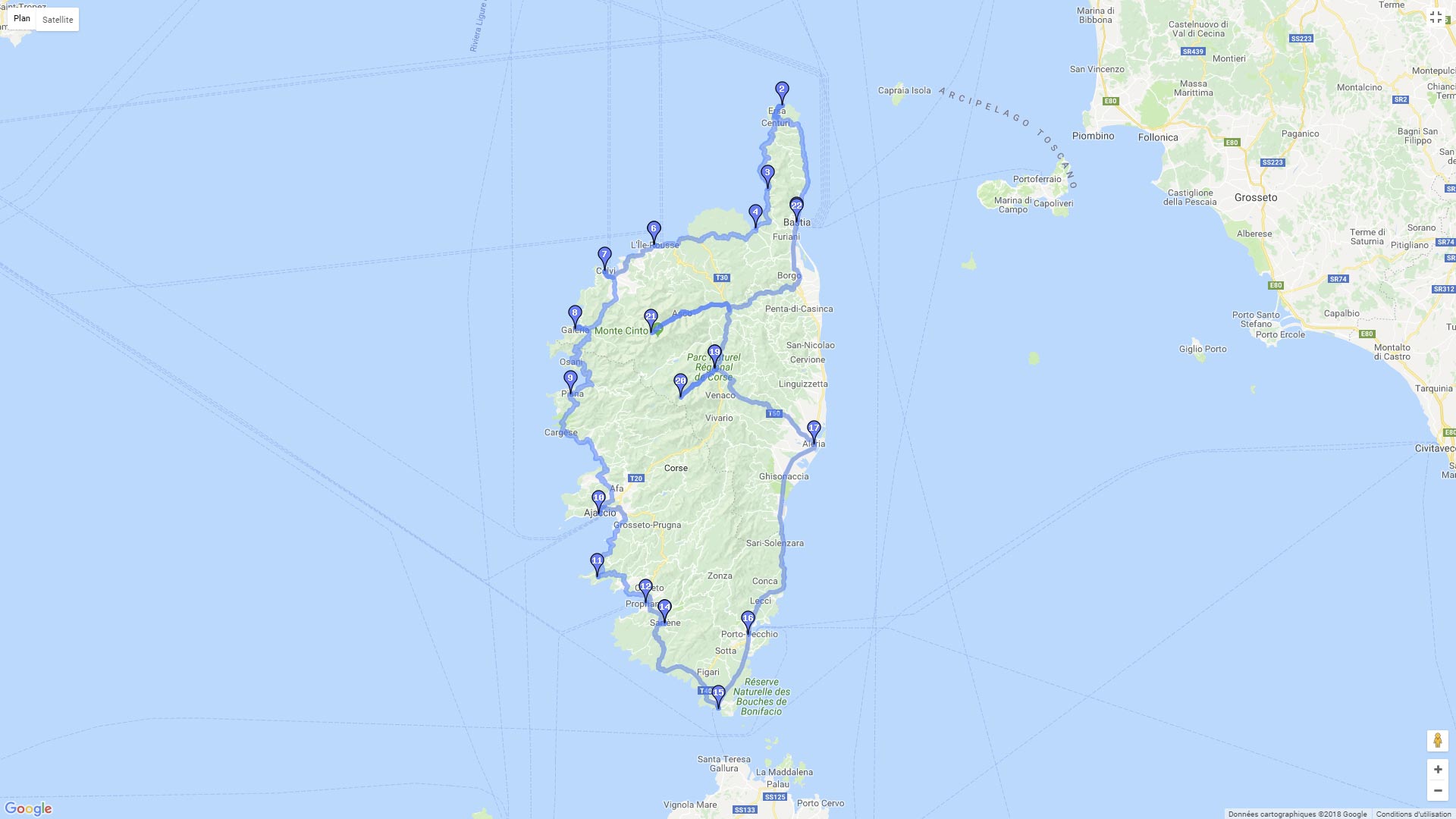 Pour zoomer sur la carte et avoir plus de détails, connectez-vous ! Carte roadbook Tour de Corse