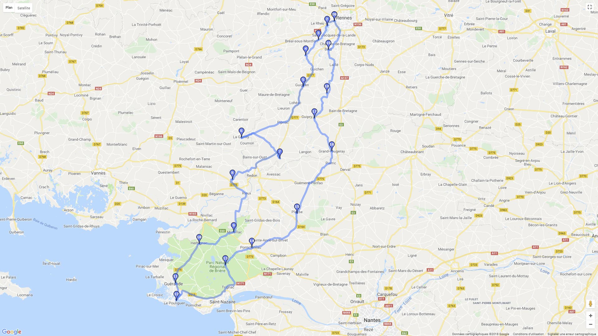 Pour zoomer sur la carte et avoir plus de détails, connectez-vous ! Carte roadbook Rennes la Baule