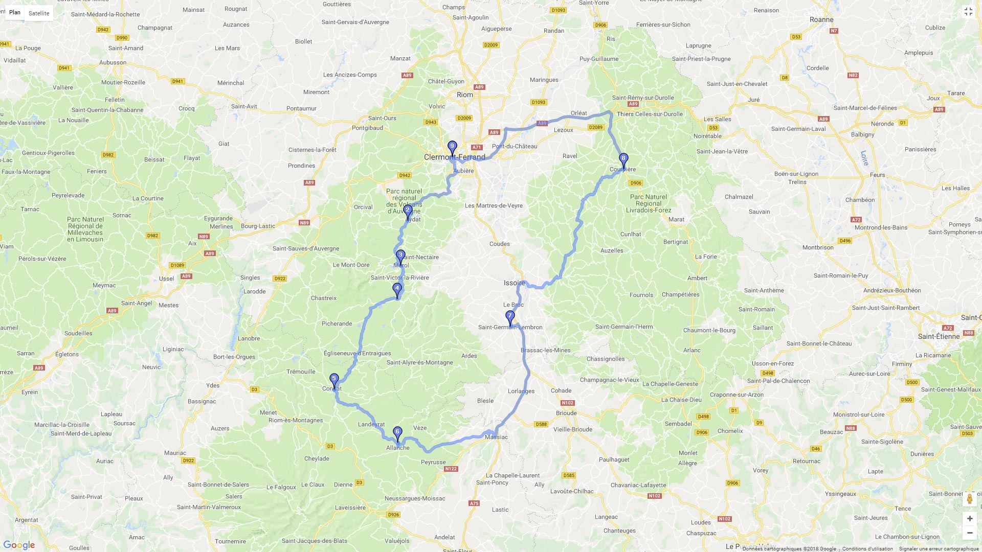 Pour zoomer sur la carte et avoir plus de détails, connectez-vous ! Carte roadbook De Clermont Ferrand en passant par le Sancy