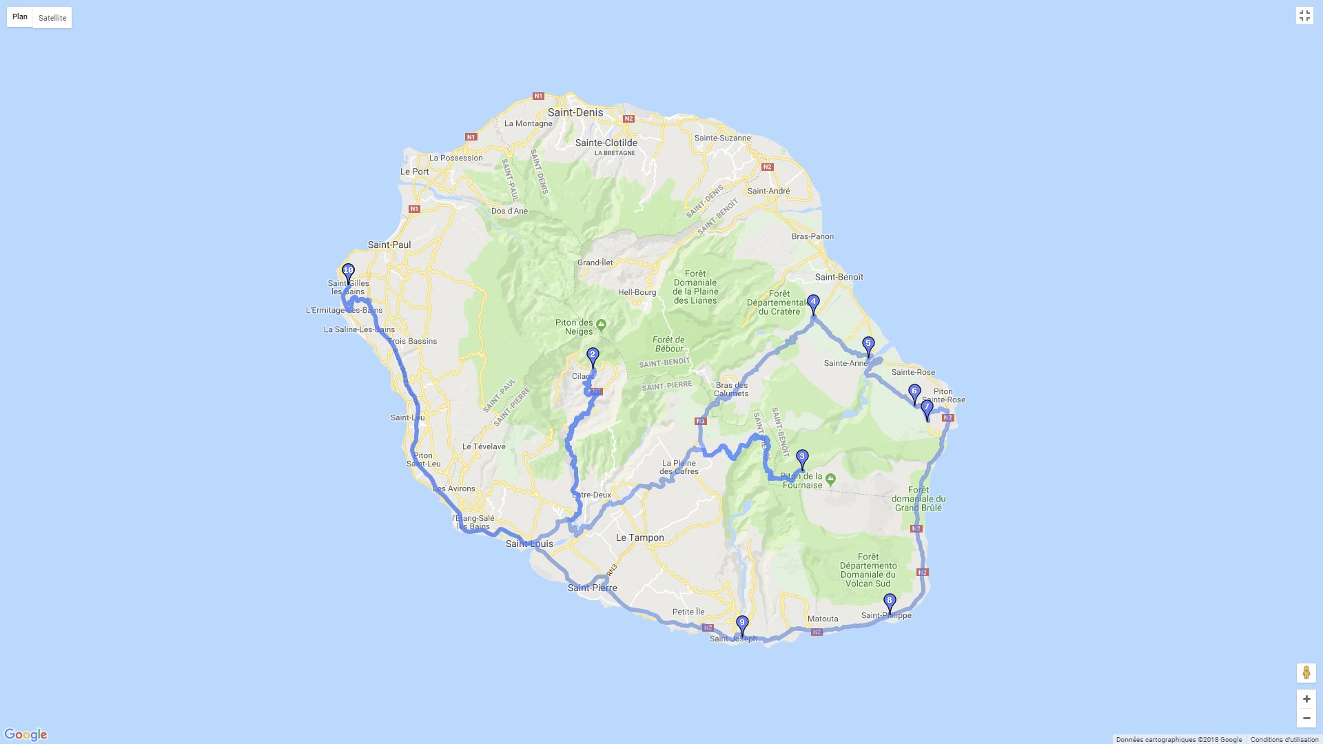 Pour zoomer sur la carte et avoir plus de détails, connectez-vous ! Carte roadbook St Gilles Les Bains - Cilaos - Piton de la Fournaise