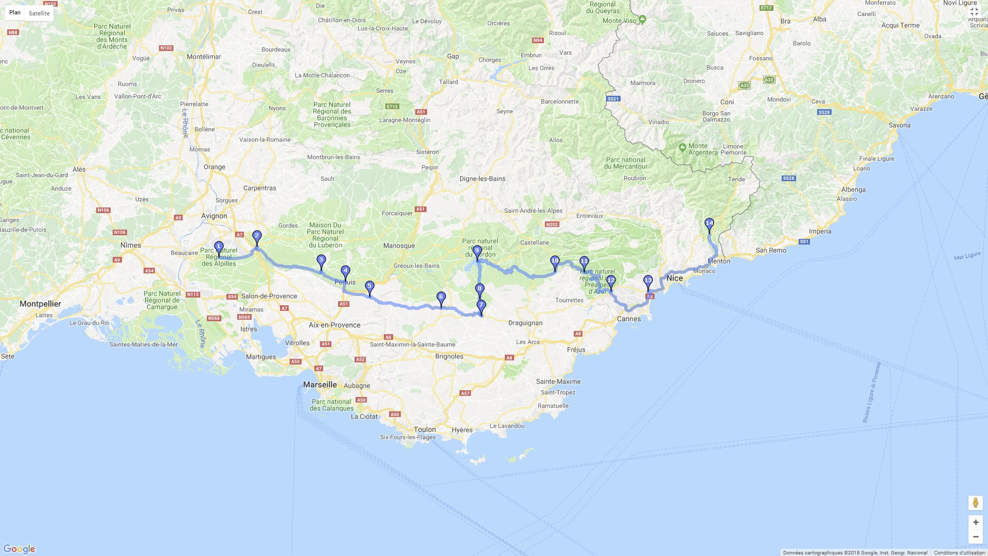 Pour zoomer sur la carte et avoir plus de détails, connectez-vous ! Carte roadbook D'Avignon à Sospel