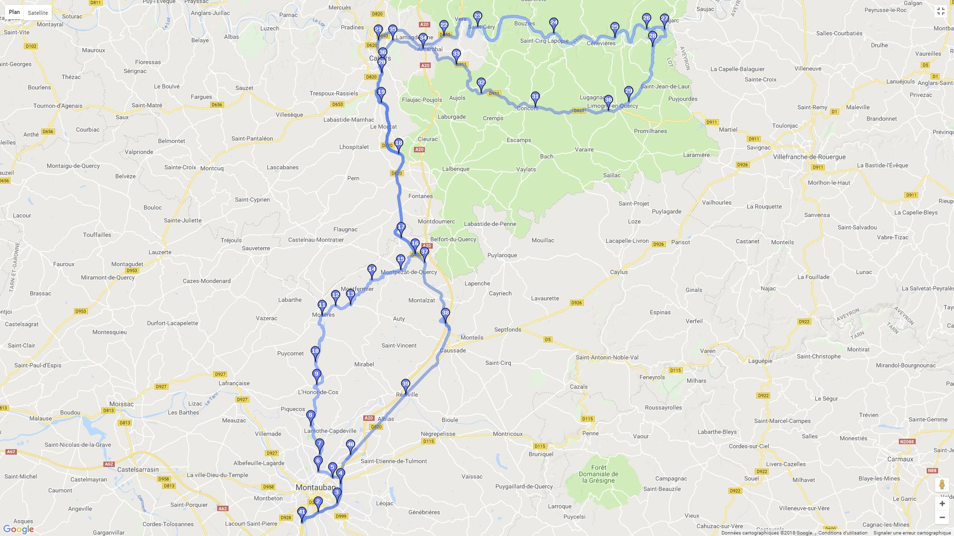 Pour zoomer sur la carte et avoir plus de détails, connectez-vous ! Carte roadbook Les gorges du Lot depuis Montauban