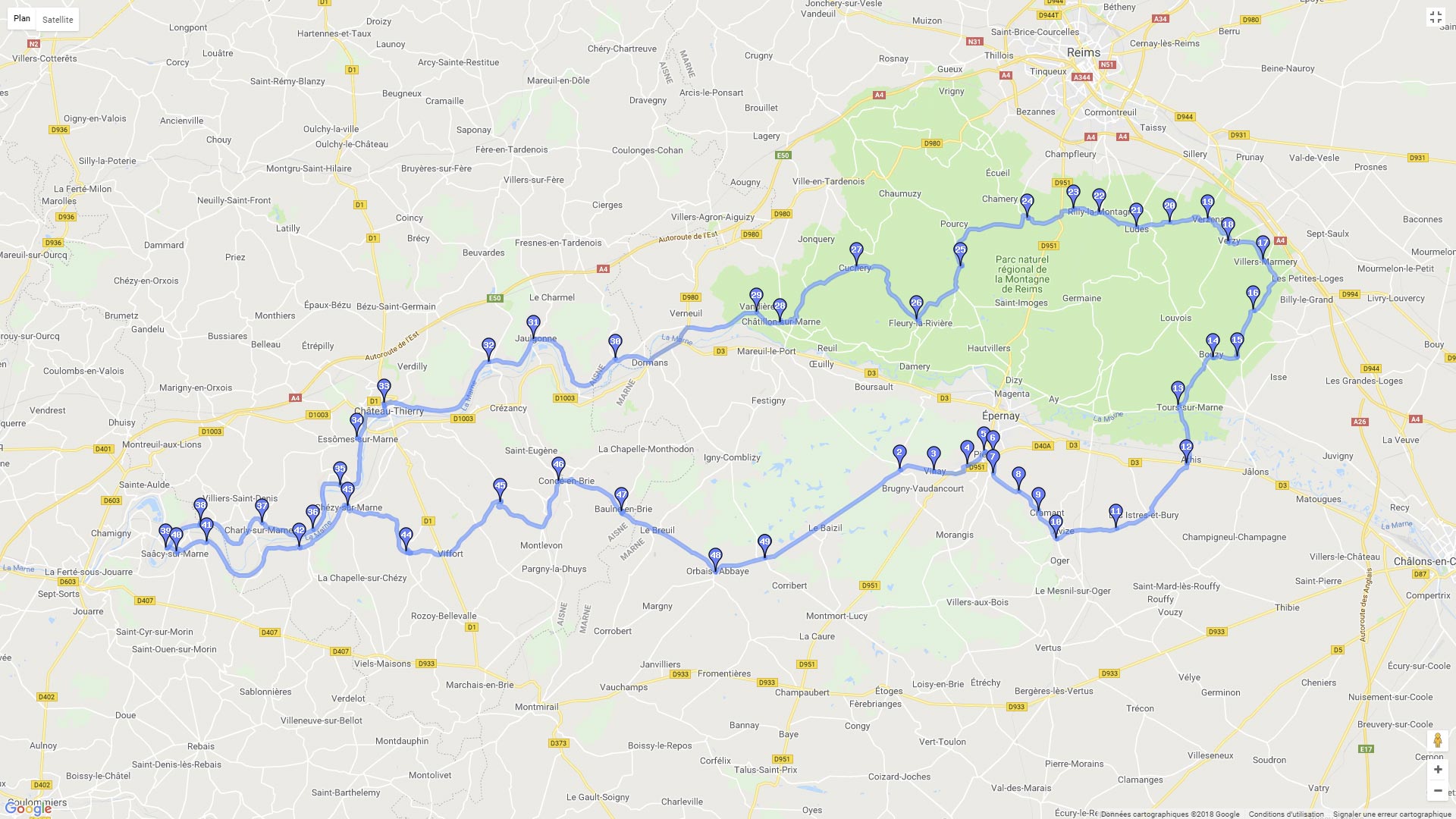 Pour zoomer sur la carte et avoir plus de détails, connectez-vous ! Carte roadbook Vignobles de Champagne