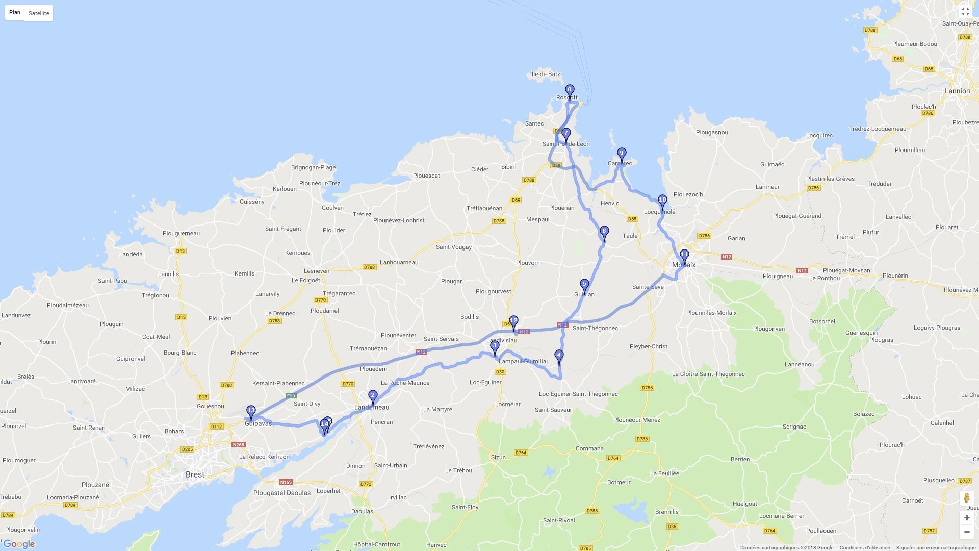 Pour zoomer sur la carte et avoir plus de détails, connectez-vous ! Carte roadbook Landivisiau - Roscoff - Carantec