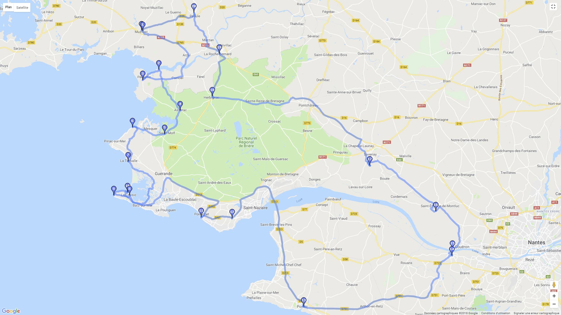 Pour zoomer sur la carte et avoir plus de détails, connectez-vous ! Carte roadbook Sud Bretagne et Loire