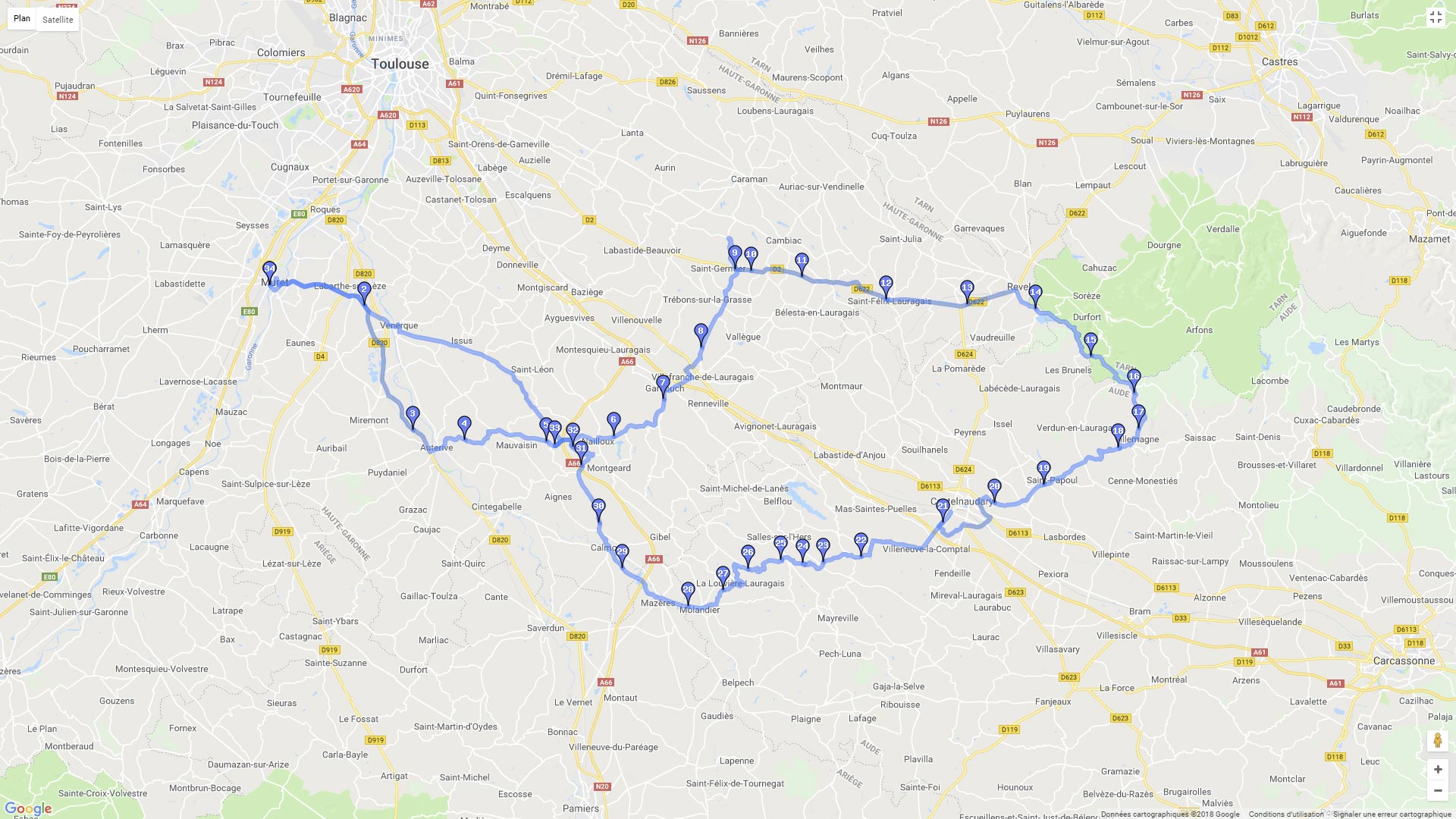 Pour zoomer sur la carte et avoir plus de détails, connectez-vous ! Carte roadbook Toulouse et les Piémonts de la Montagne noire