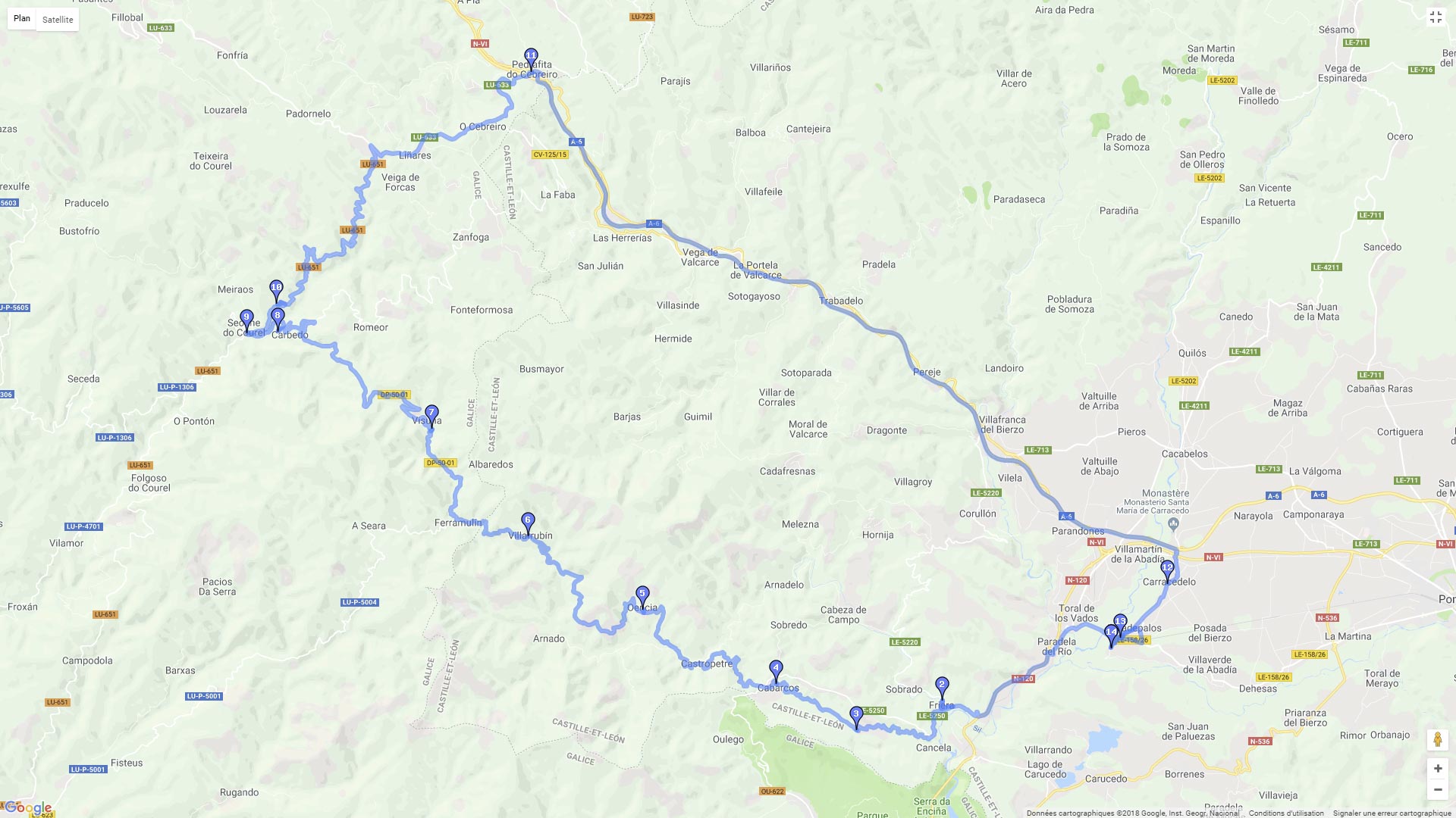 Pour zoomer sur la carte et avoir plus de détails, connectez-vous ! Carte roadbook Du Bierzo vers la province de Lugo (Galice)