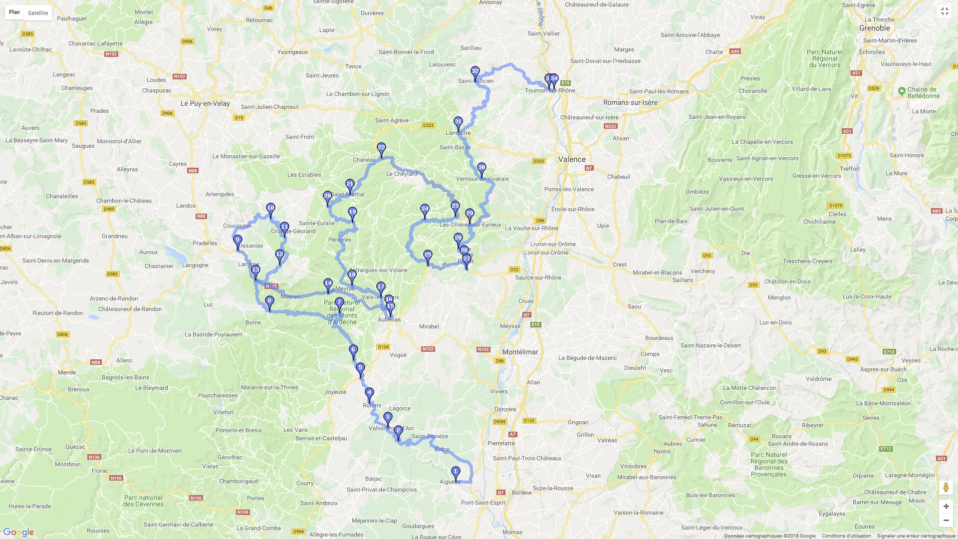 Pour zoomer sur la carte et avoir plus de détails, connectez-vous ! Carte roadbook Sud Ardèche et les Monts d'Ardèche