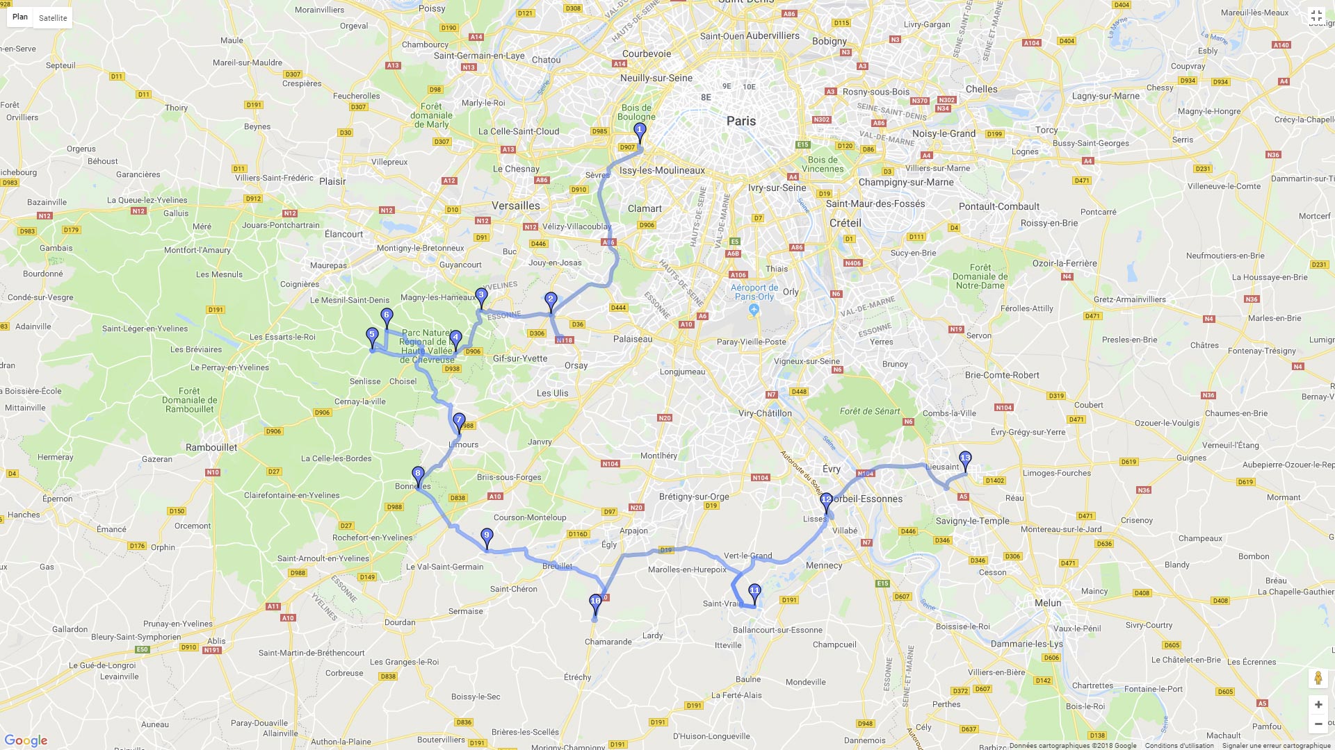Pour zoomer sur la carte et avoir plus de détails, connectez-vous ! Carte roadbook Boucle au sud de Paris