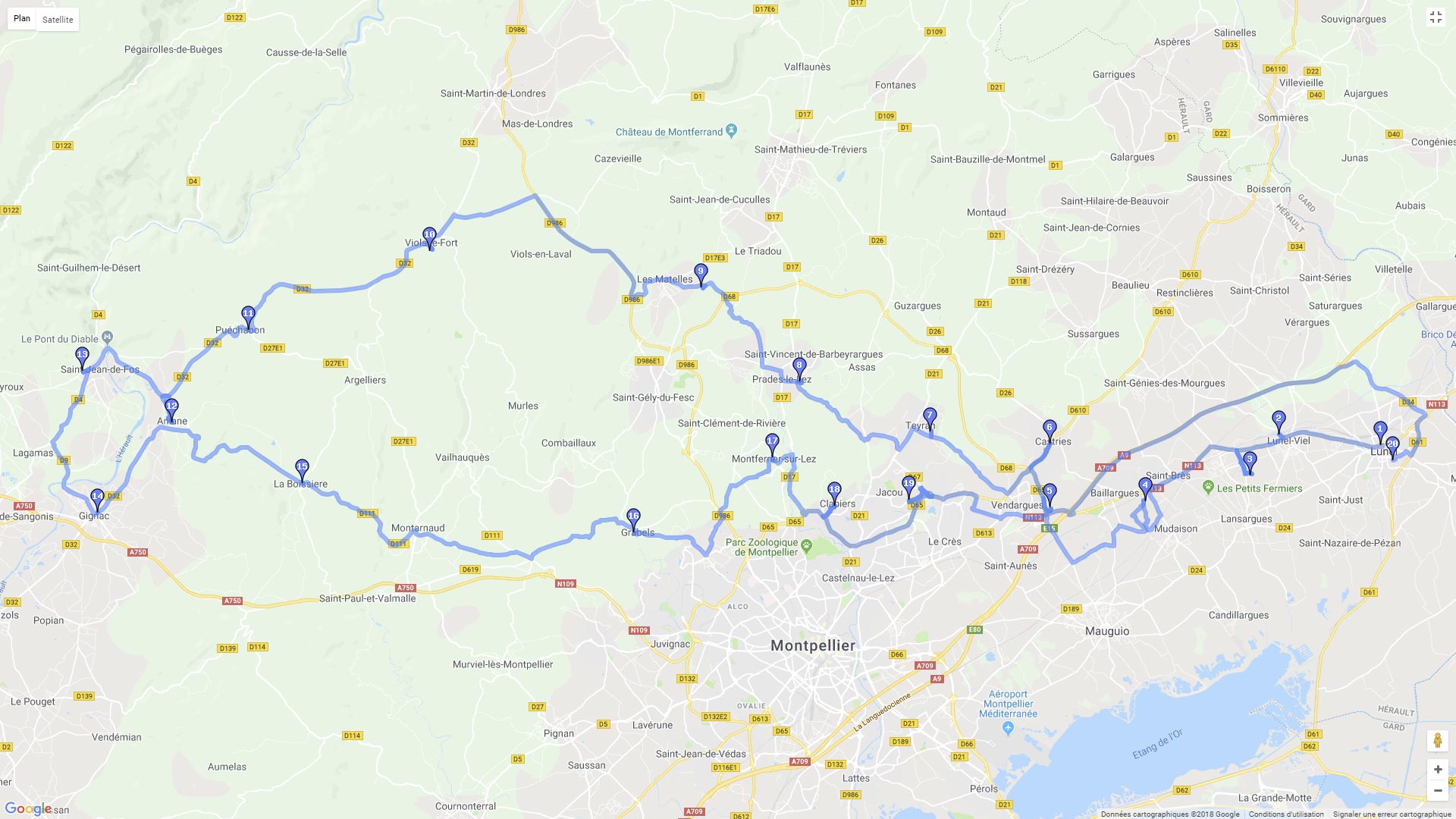 Pour zoomer sur la carte et avoir plus de détails, connectez-vous ! Carte roadbook Au nord de Montpellier