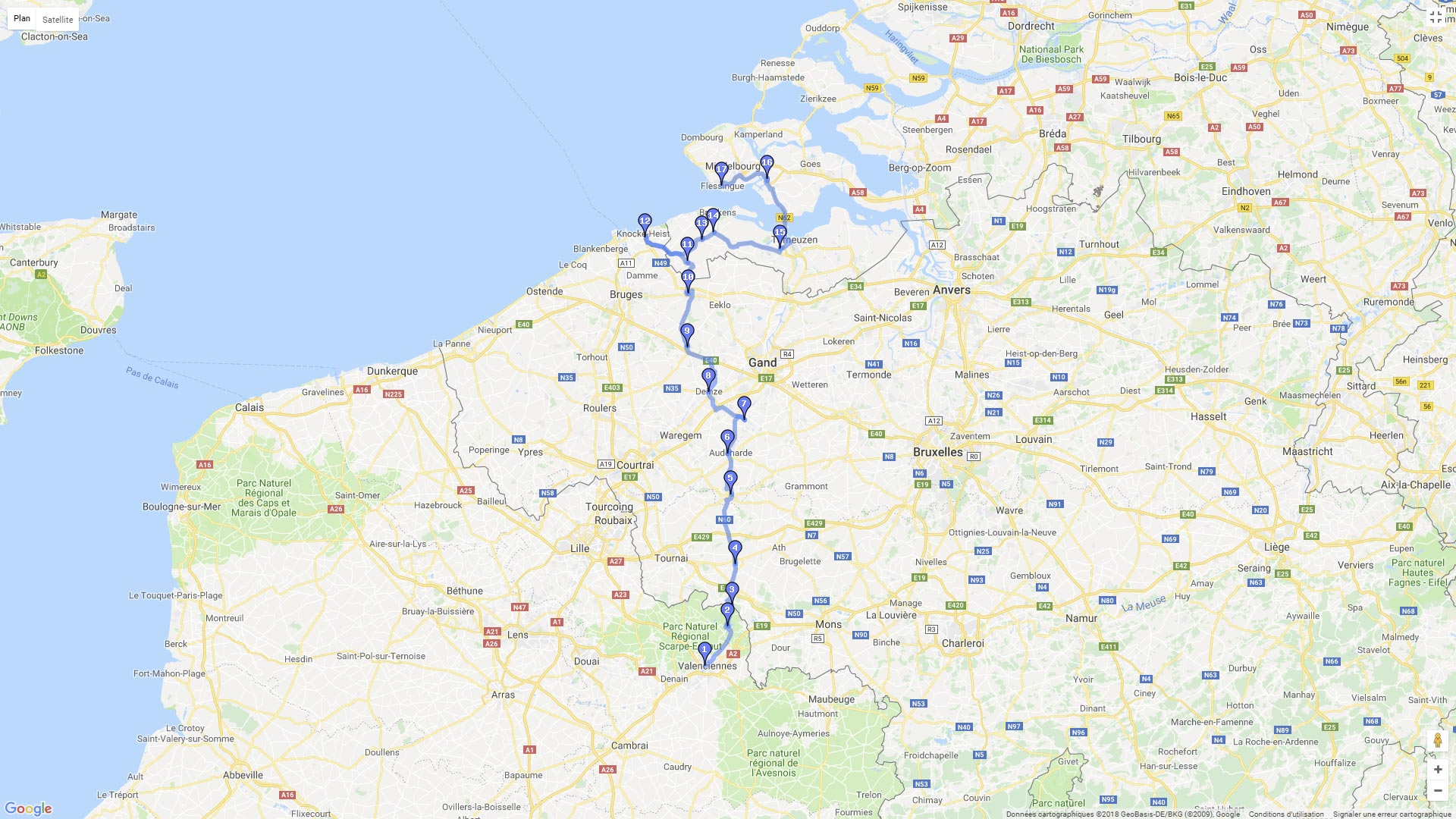Pour zoomer sur la carte et avoir plus de détails, connectez-vous ! Carte roadbook De Valenciennes à l'Ile de Walcheren