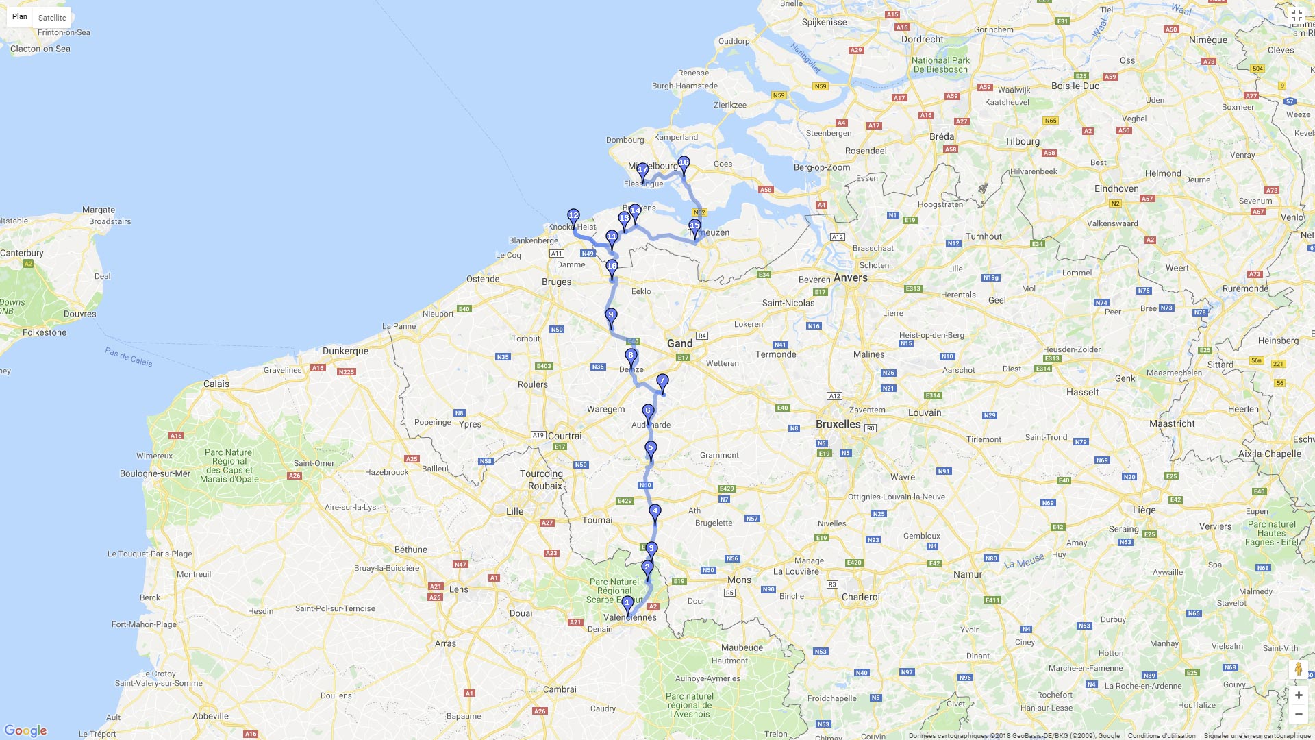 Pour zoomer sur la carte et avoir plus de détails, connectez-vous ! Carte roadbook Valenciennes Ile de Walcheren