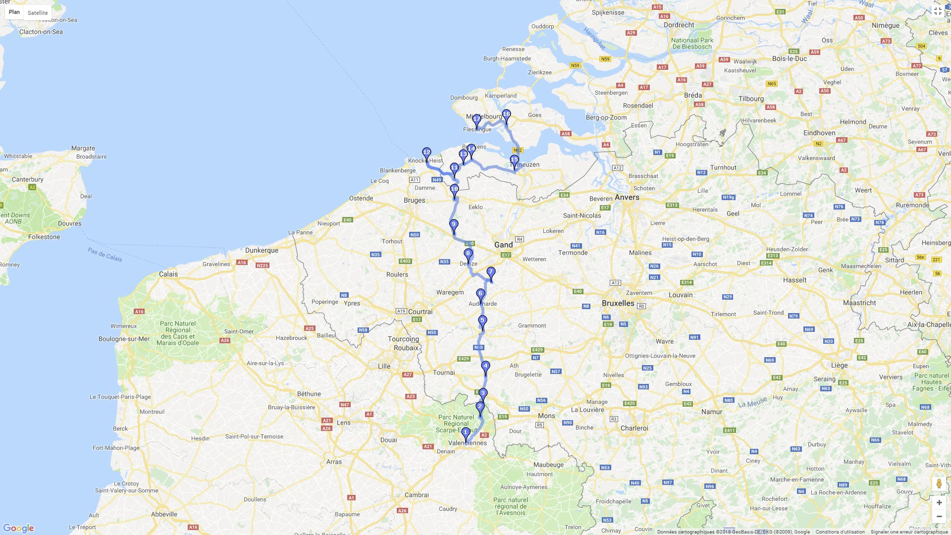Pour zoomer sur la carte et avoir plus de détails, connectez-vous ! Carte roadbook Valenciennes Ile de Walcheren