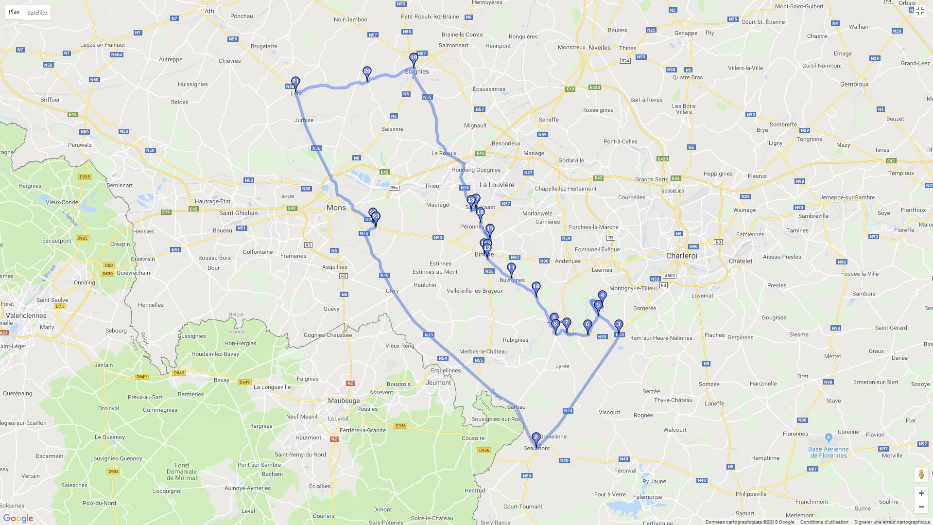 Pour zoomer sur la carte et avoir plus de détails, connectez-vous ! Carte roadbook De Mons à Mons en passant par l'Abbaye d'Aulne