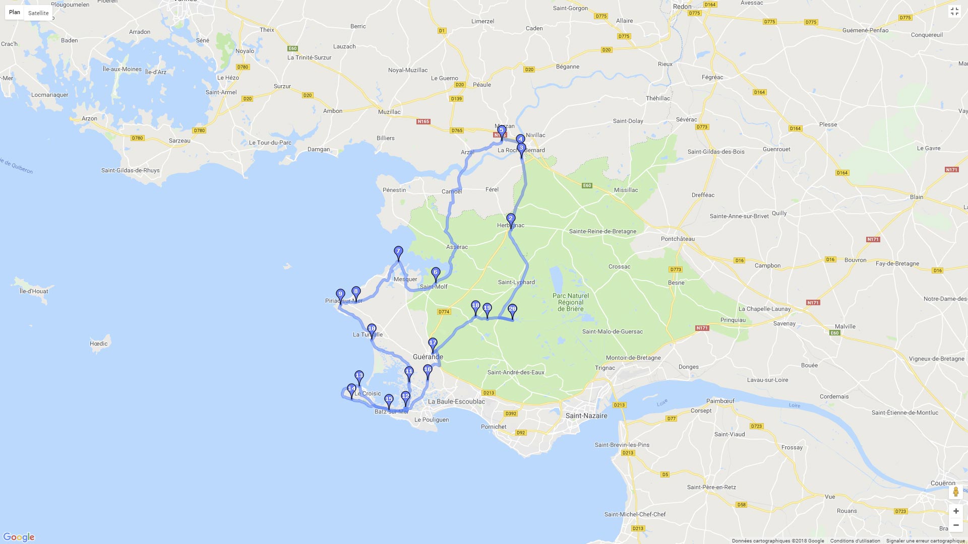 Pour zoomer sur la carte et avoir plus de détails, connectez-vous ! Carte roadbook Brière et Marais Salants