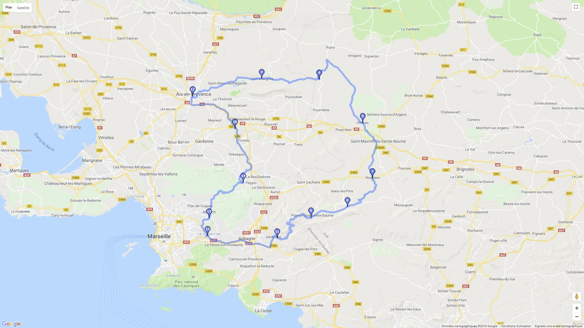 Pour zoomer sur la carte et avoir plus de détails, connectez-vous ! Carte roadbook Le Col de l'Espigoulier et le terme de Peypin