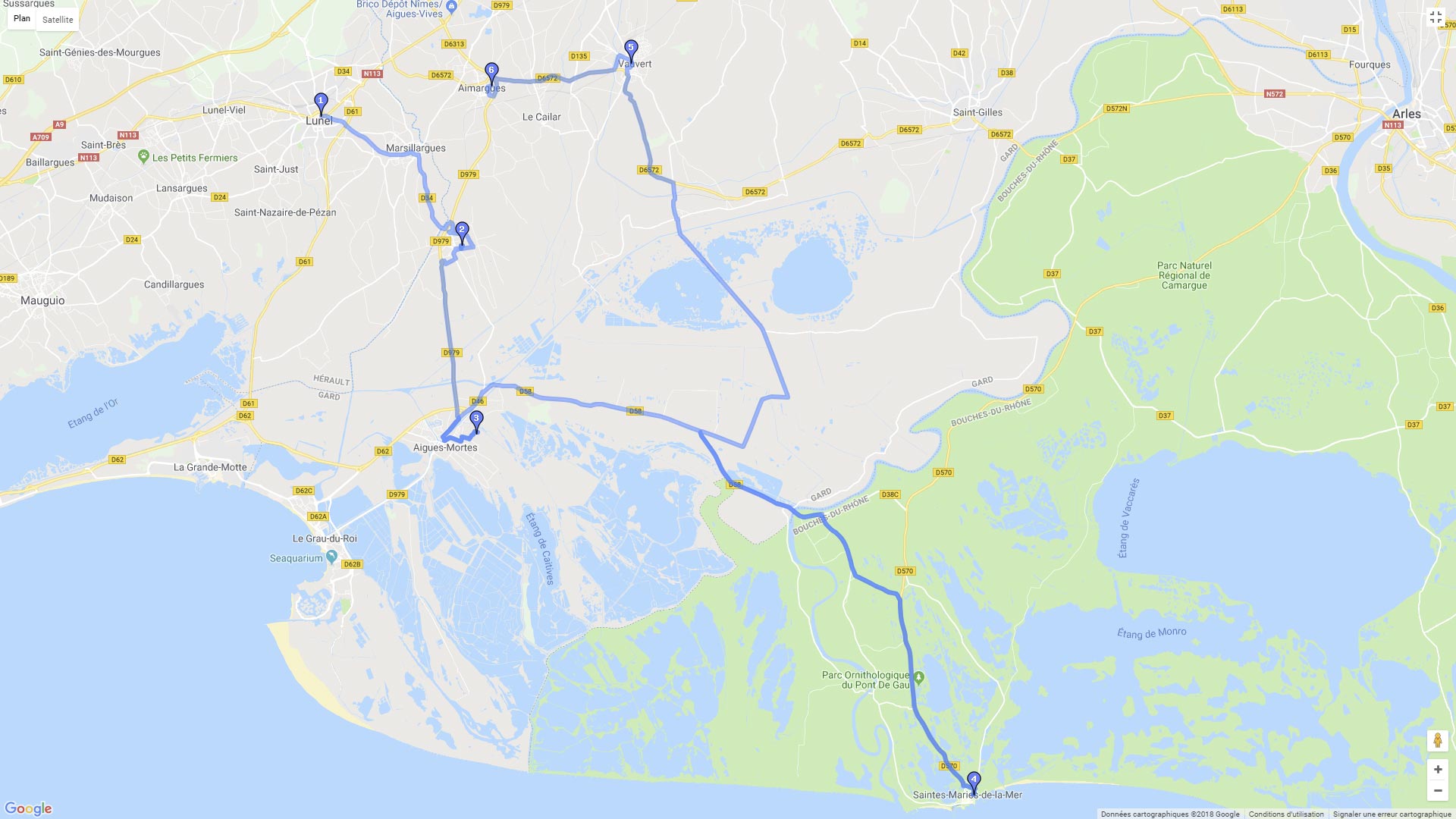 Pour zoomer sur la carte et avoir plus de détails, connectez-vous ! Carte roadbook Camargue