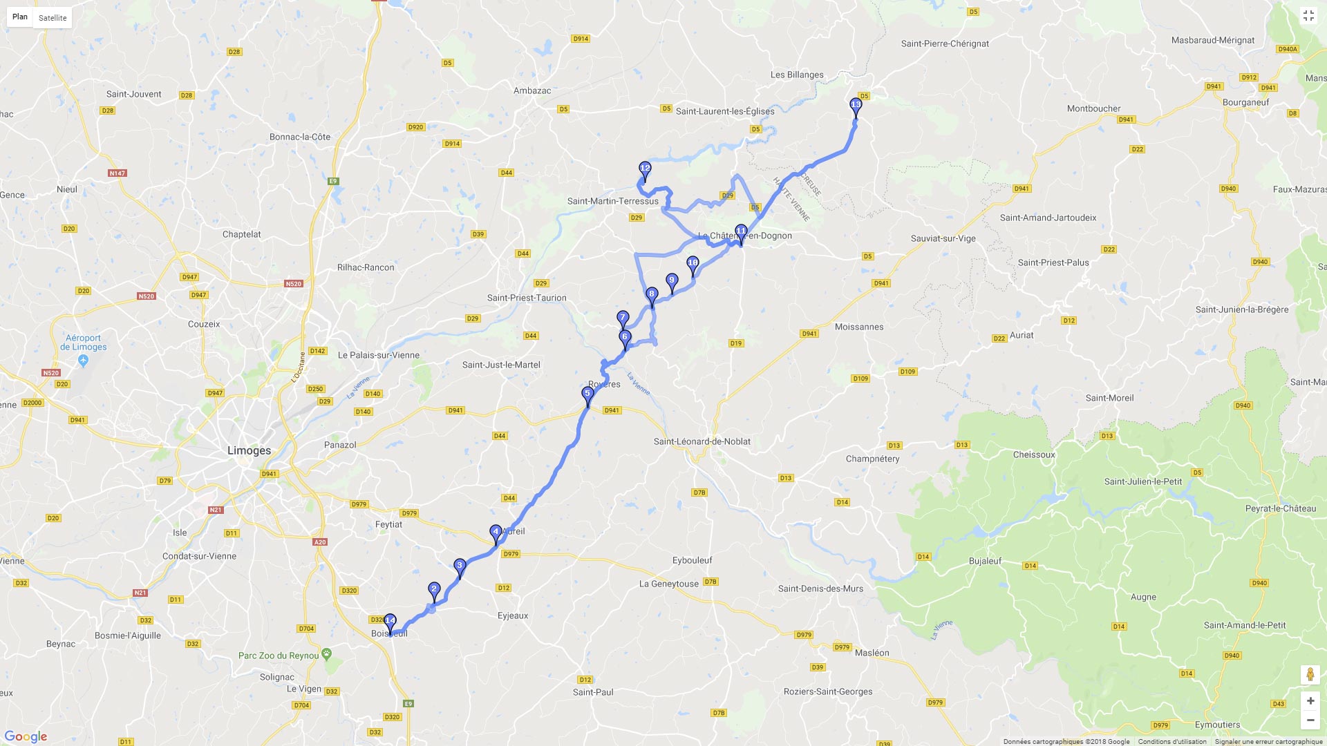 Pour zoomer sur la carte et avoir plus de détails, connectez-vous ! Carte roadbook Vers la Creuse