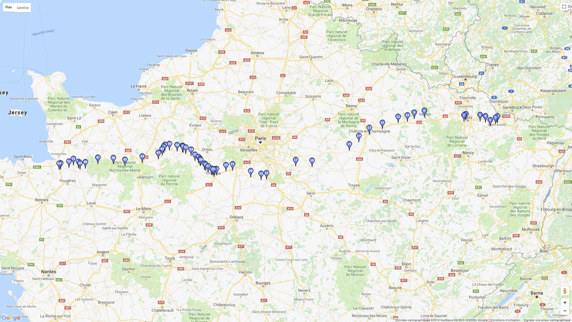 Pour zoomer sur la carte et avoir plus de détails, connectez-vous ! Carte roadbook De Metz au Mont Saint Michel