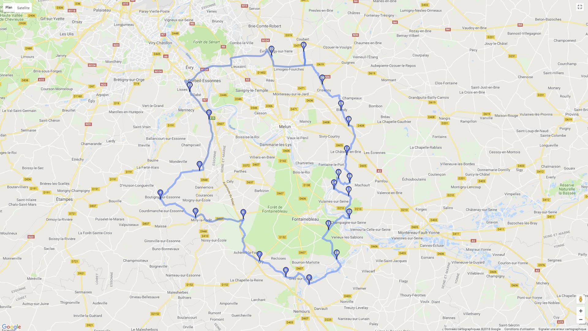 Pour zoomer sur la carte et avoir plus de détails, connectez-vous ! Carte roadbook D'Evry à Milly en contournant Fontainebleau par Moret et Brie