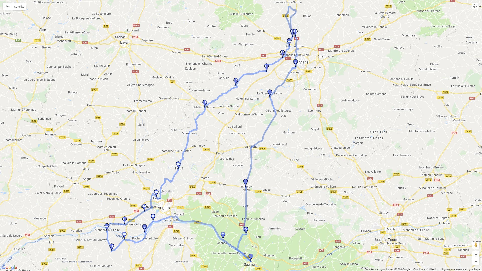 Pour zoomer sur la carte et avoir plus de détails, connectez-vous ! Carte roadbook Le Mans Angers Saumur