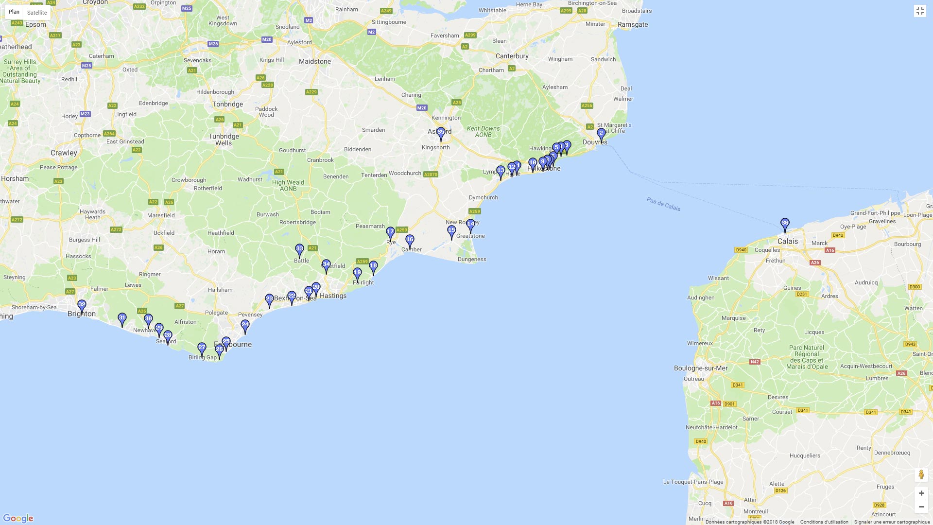 Pour zoomer sur la carte et avoir plus de détails, connectez-vous ! Carte roadbook La côte Anglaise face à Calais