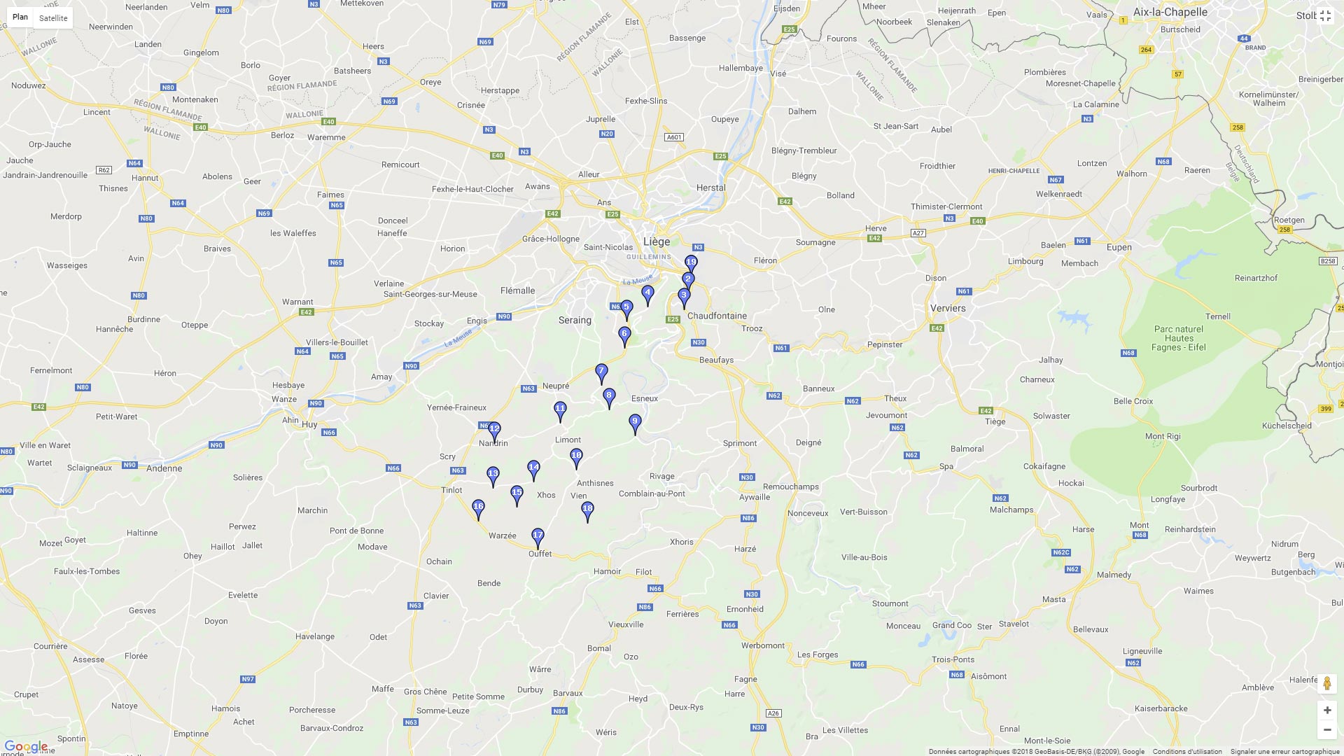 Pour zoomer sur la carte et avoir plus de détails, connectez-vous ! Carte roadbook Au sud de Liège