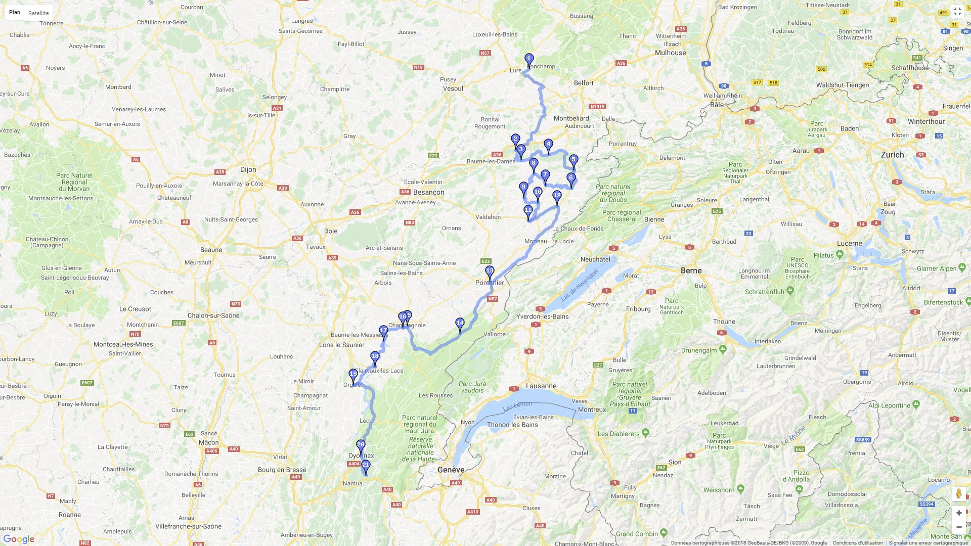 Pour zoomer sur la carte et avoir plus de détails, connectez-vous ! Carte roadbook Haut Doubs et lacs du Jura