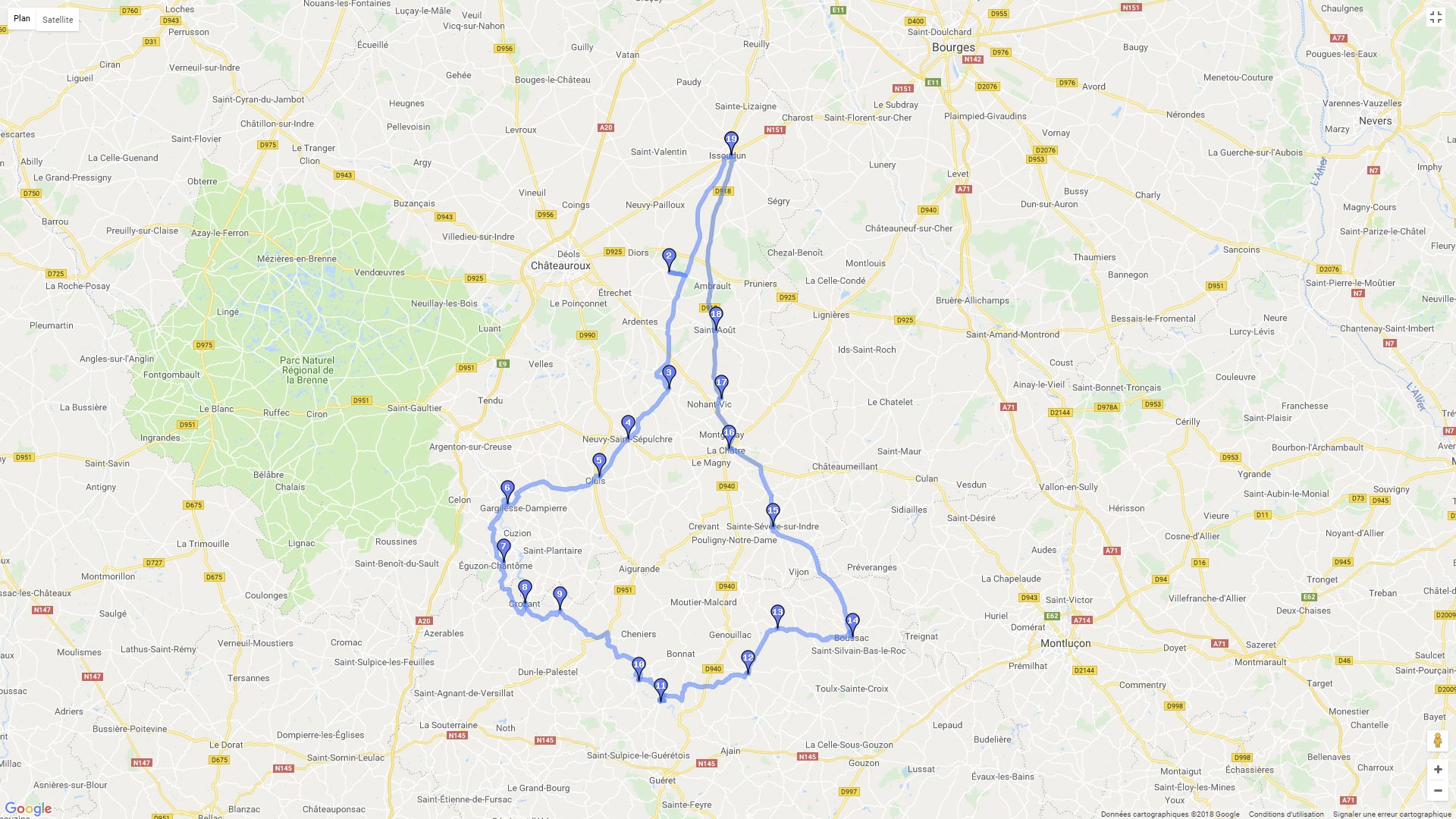 Pour zoomer sur la carte et avoir plus de détails, connectez-vous ! Carte roadbook Route des lacs en Indre et Creuse