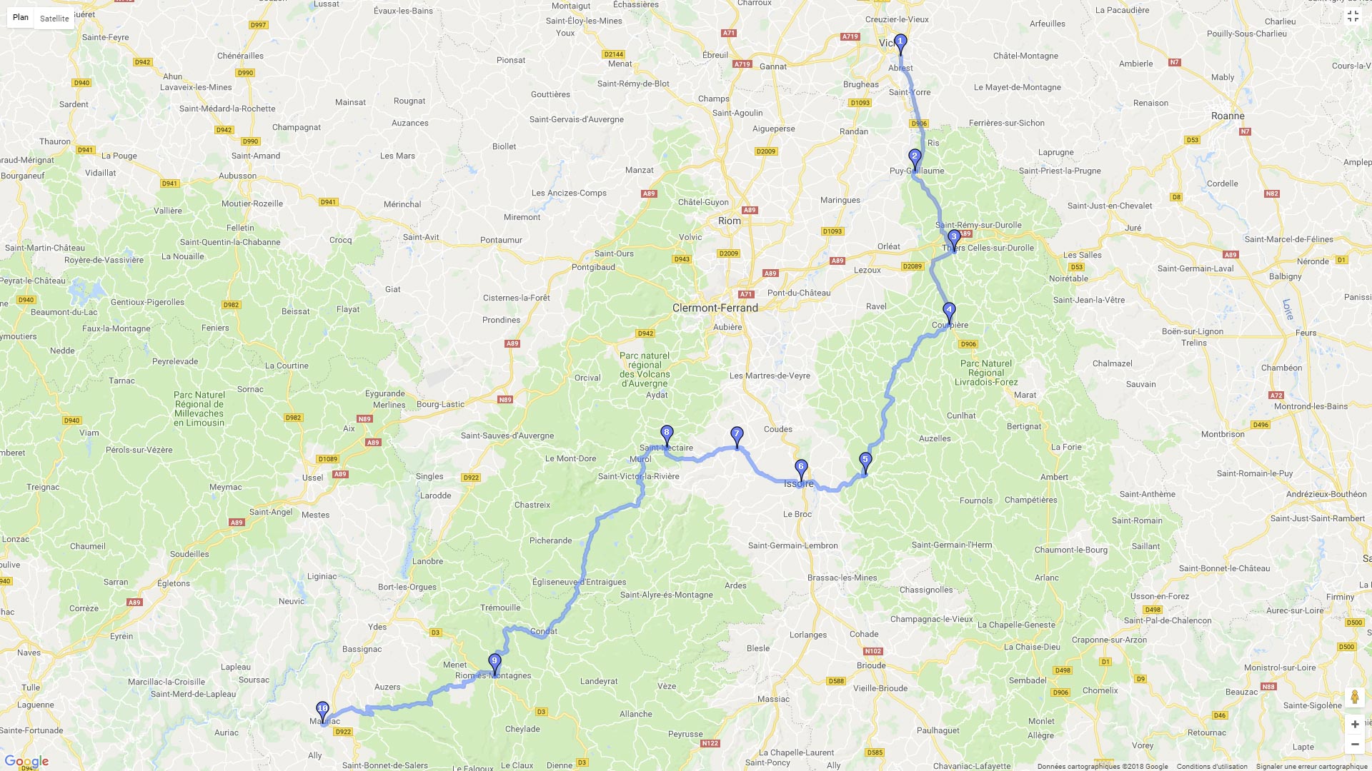 Pour zoomer sur la carte et avoir plus de détails, connectez-vous ! Carte roadbook Vichy Mauriac