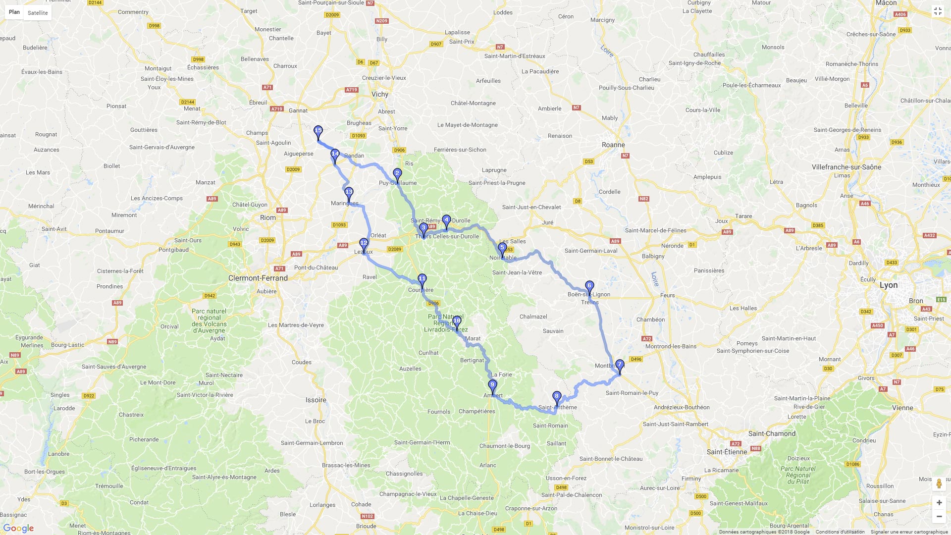 Pour zoomer sur la carte et avoir plus de détails, connectez-vous ! Carte roadbook A l'est de Clermont-Ferrand