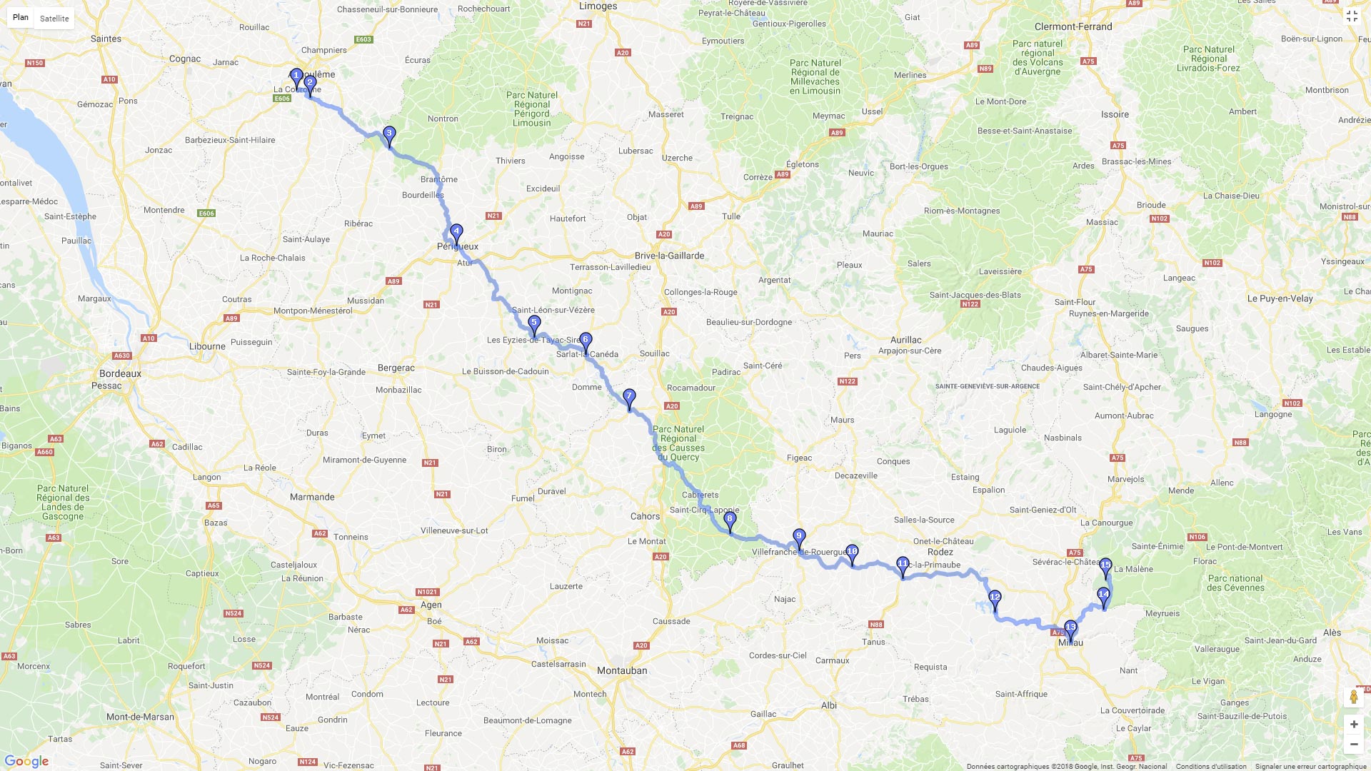 Pour zoomer sur la carte et avoir plus de détails, connectez-vous ! Carte roadbook Gorges du Tarn depuis Angoulême