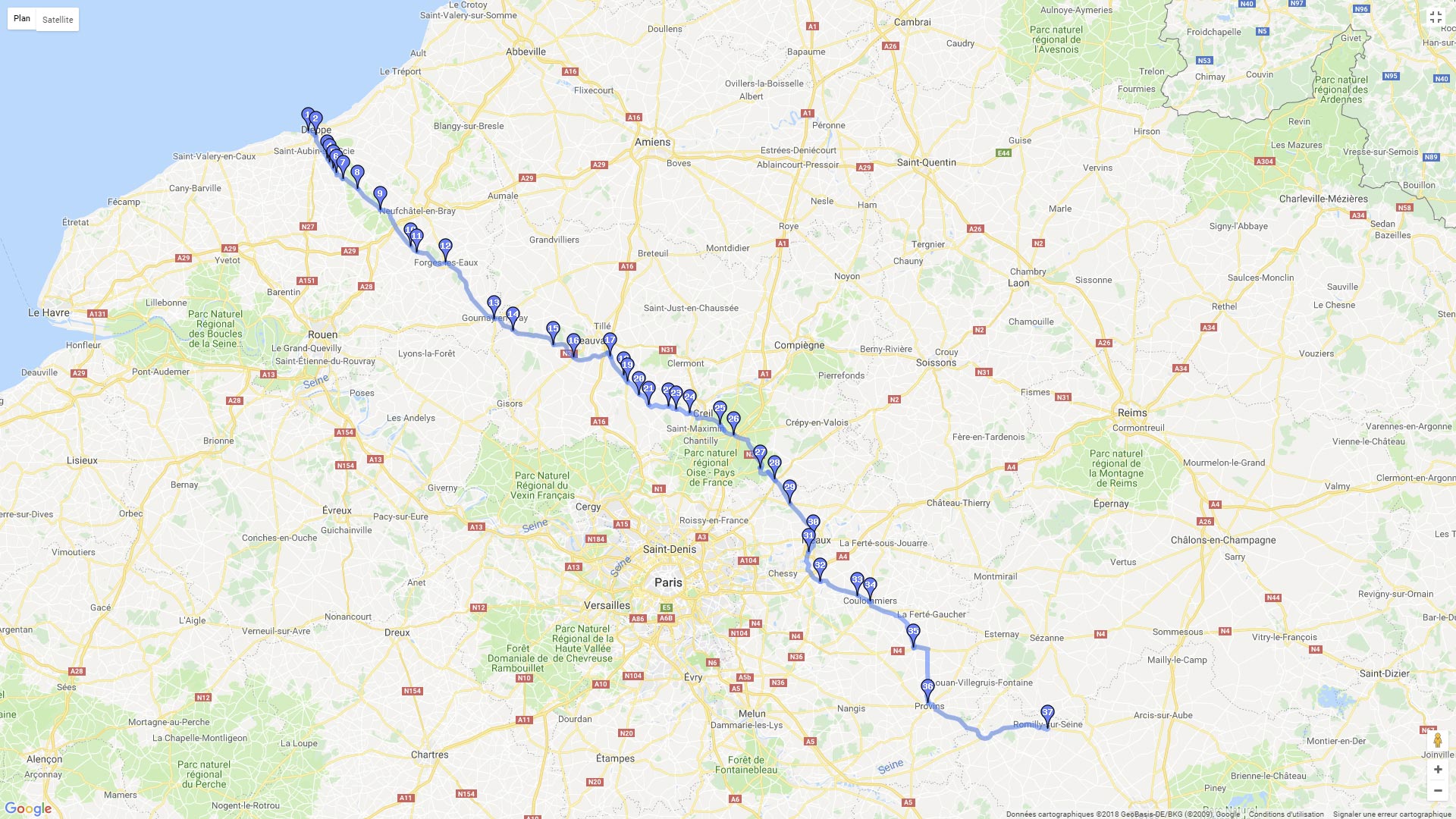 Pour zoomer sur la carte et avoir plus de détails, connectez-vous ! Carte roadbook Dieppe Paris