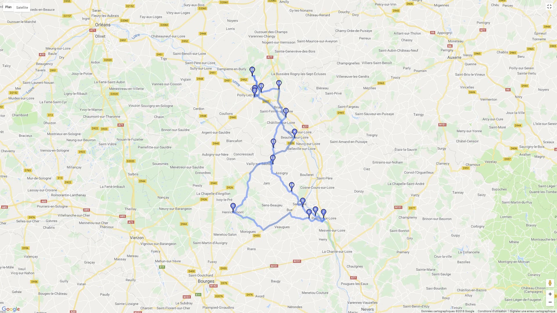Pour zoomer sur la carte et avoir plus de détails, connectez-vous ! Carte roadbook De Gien à Sancerre