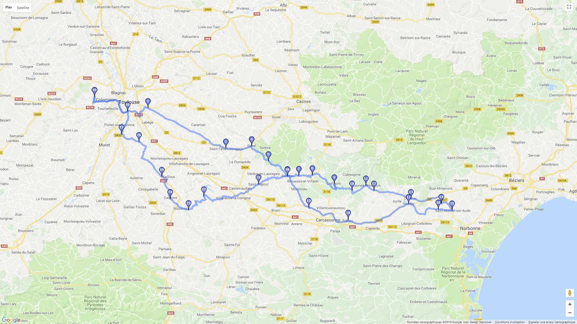 Pour zoomer sur la carte et avoir plus de détails, connectez-vous ! Carte roadbook Toulouse Narbonne