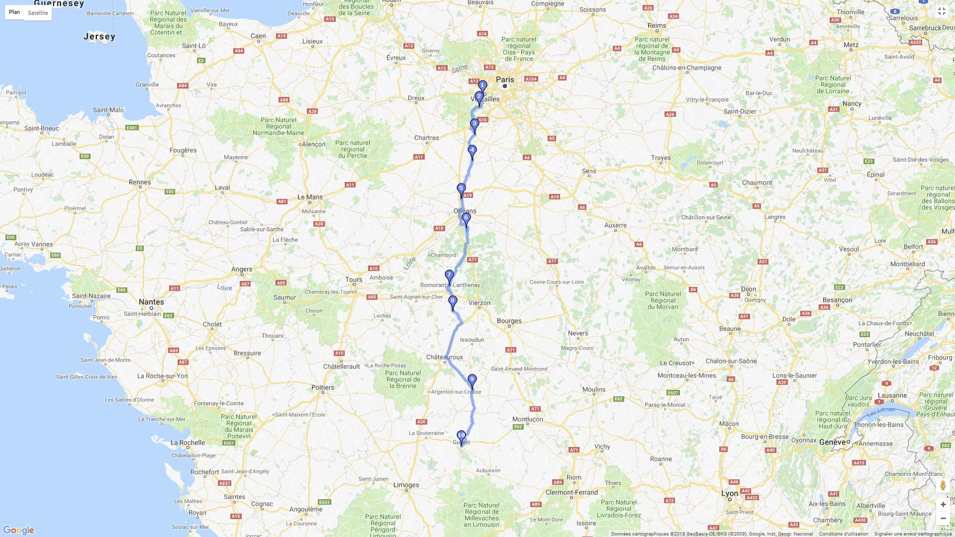 Pour zoomer sur la carte et avoir plus de détails, connectez-vous ! Carte roadbook Versailles-Guéret