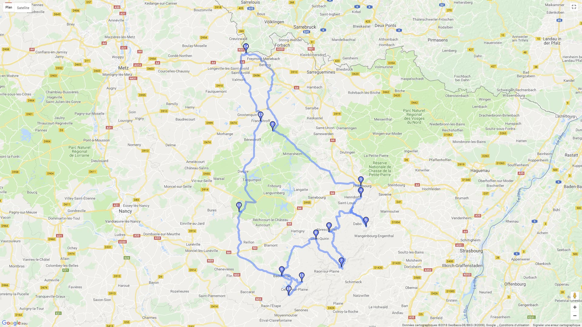 Pour zoomer sur la carte et avoir plus de détails, connectez-vous ! Carte roadbook Dabo et lac de Pierre Percée